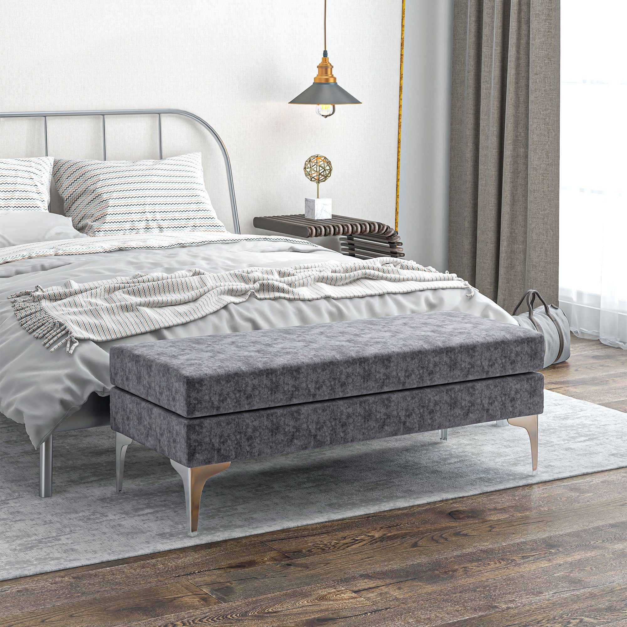 48 Inches Upholstered Bedroom Bench Modern End of Bed with Double Layer Cushions and Steel Legs Dark Gray