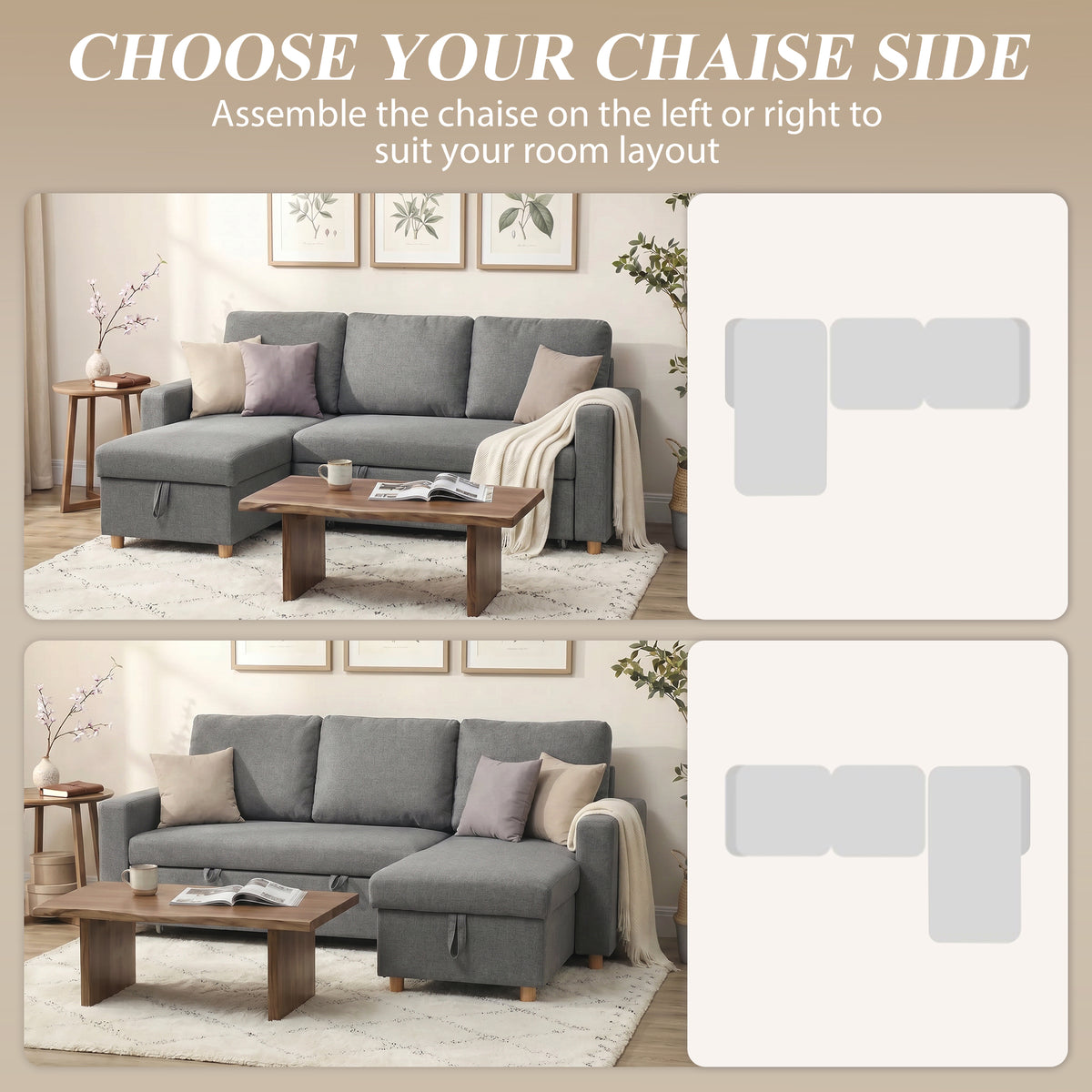 83" Sofa Bed, Convertible Pull Out Sleeper Sofa, Linen L Shaped Sectional Couch with Reversible Storage Chaise, Wide and Deep Seat for Living Room, Apartment, Light Grey