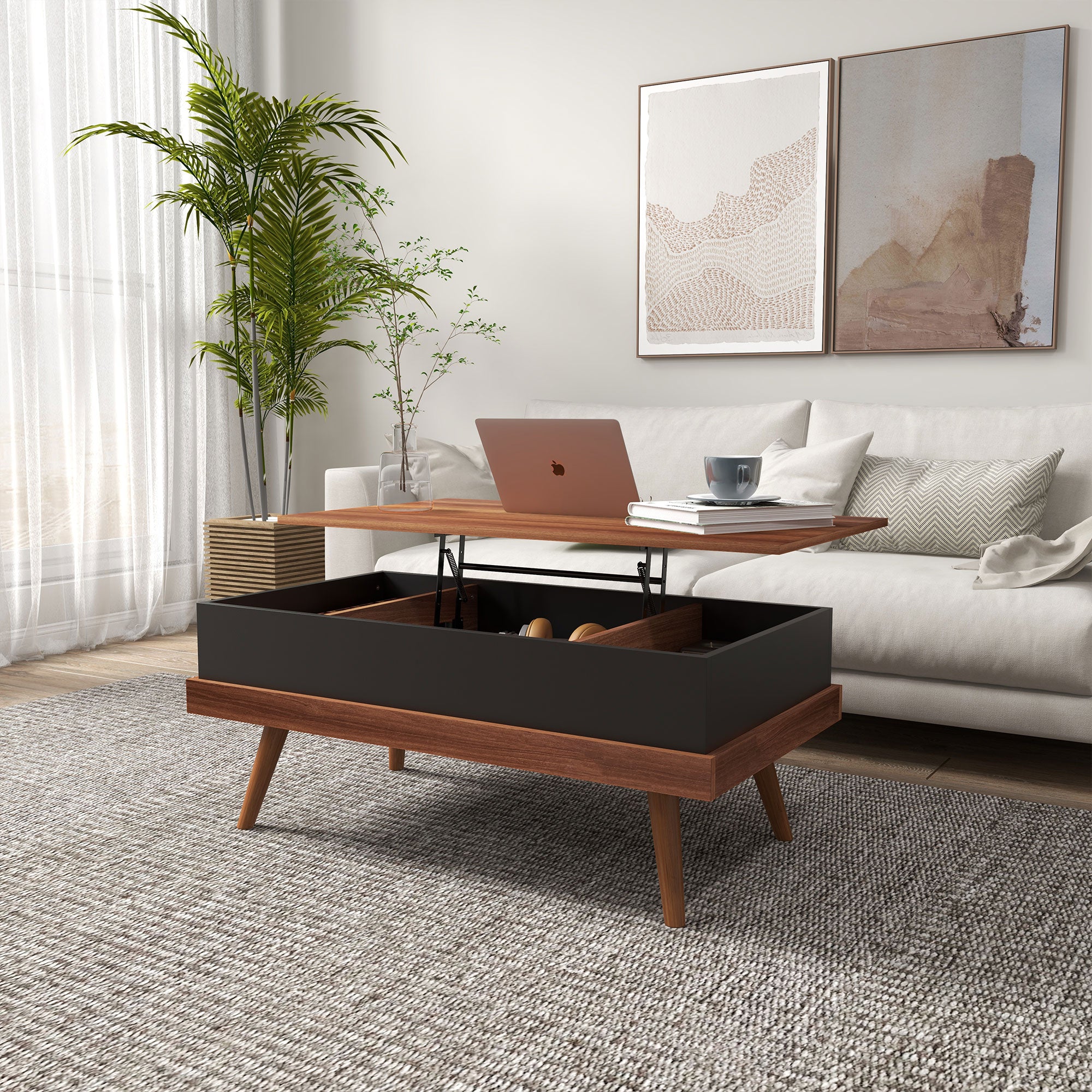 Lift Top Coffee Table with Hidden Compartments and Wood Legs Walnut