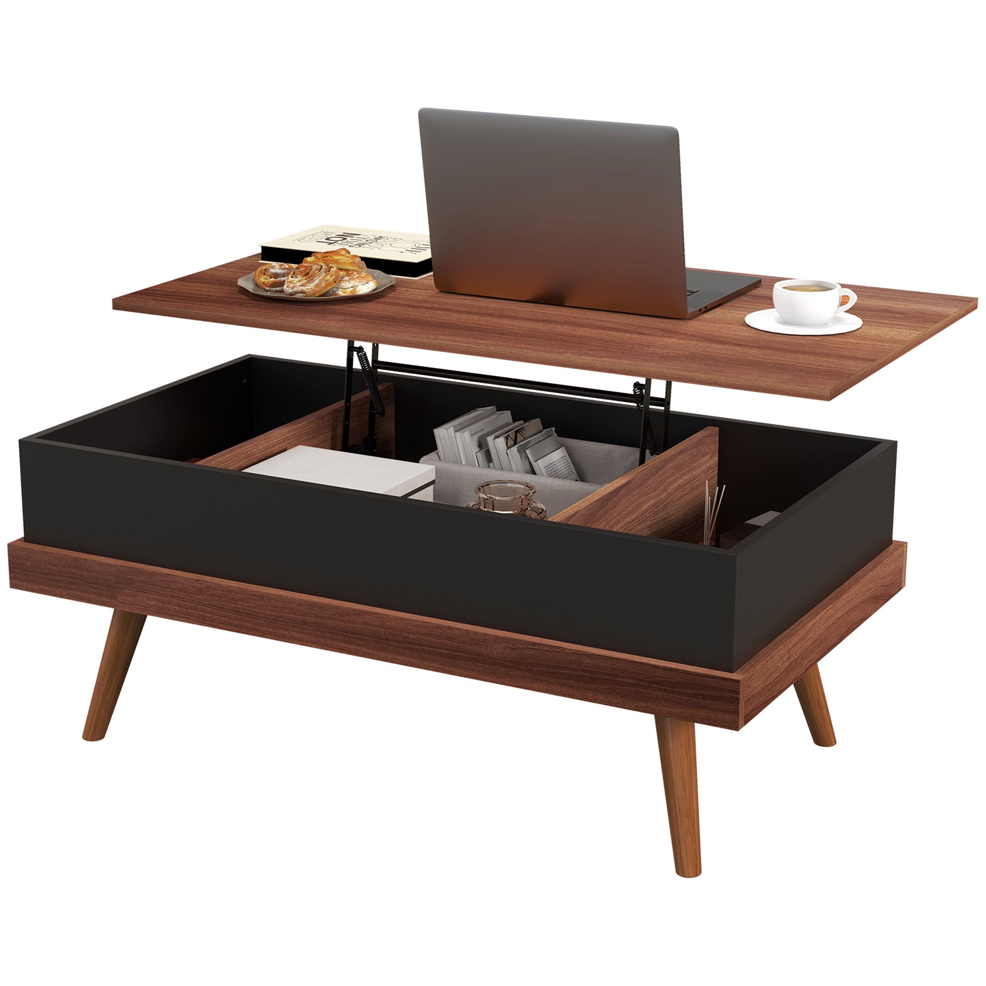 Lift Top Coffee Table with Hidden Compartments and Wood Legs Walnut