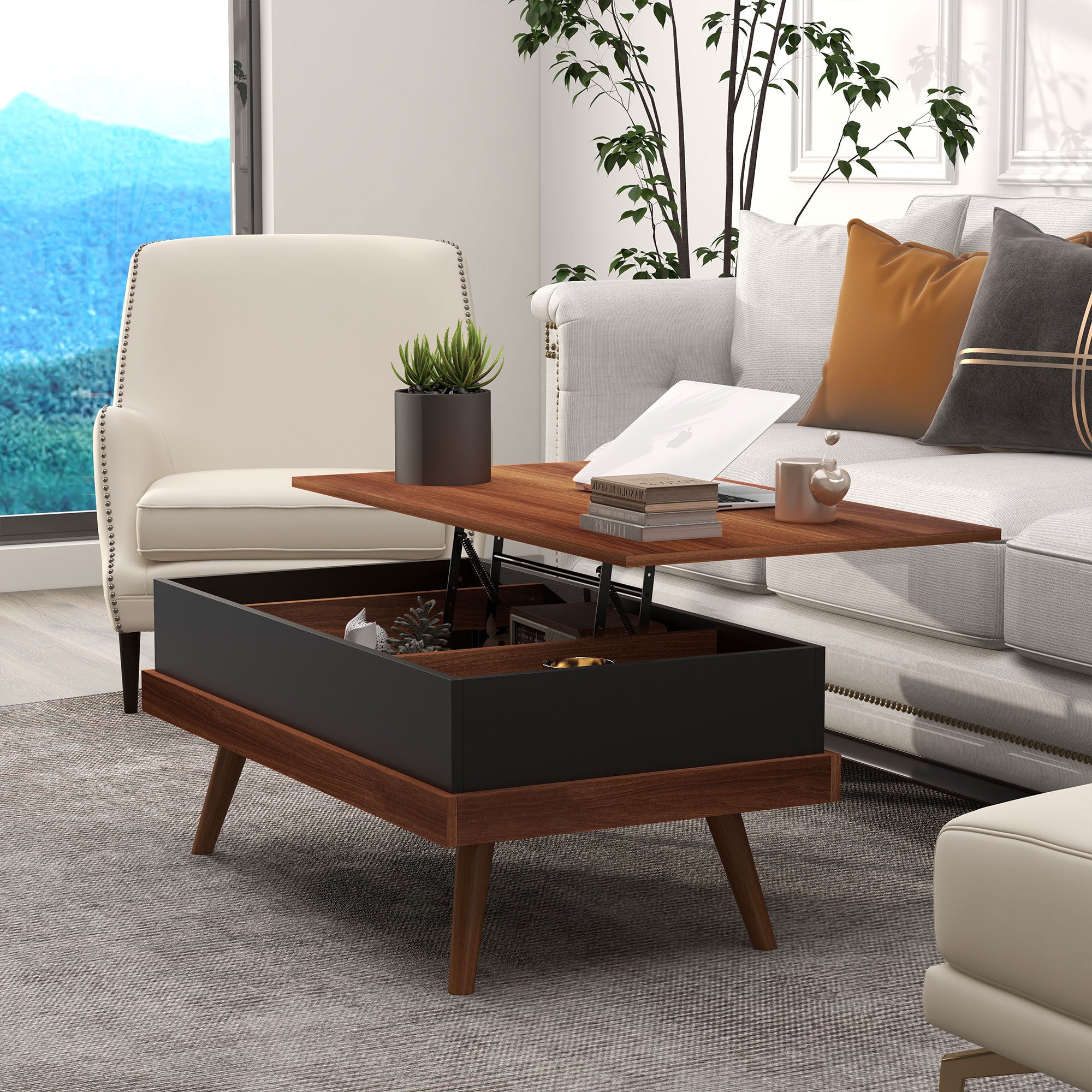 Lift Top Coffee Table with Hidden Compartments and Wood Legs Walnut