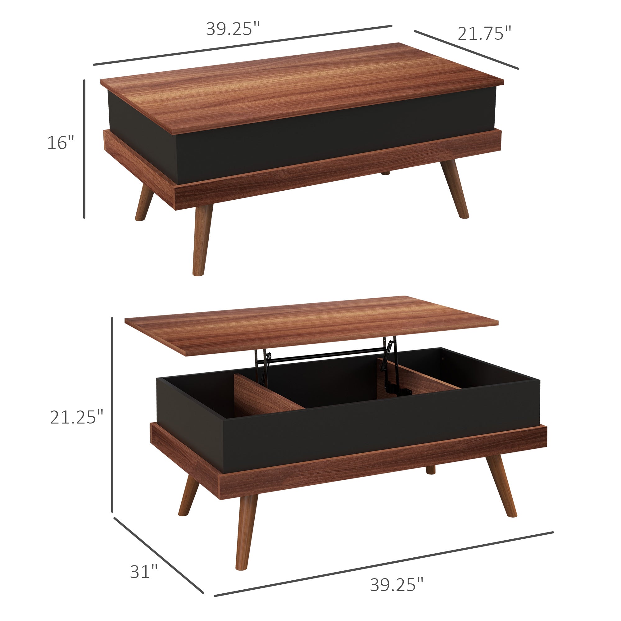 Lift Top Coffee Table with Hidden Compartments and Wood Legs Walnut