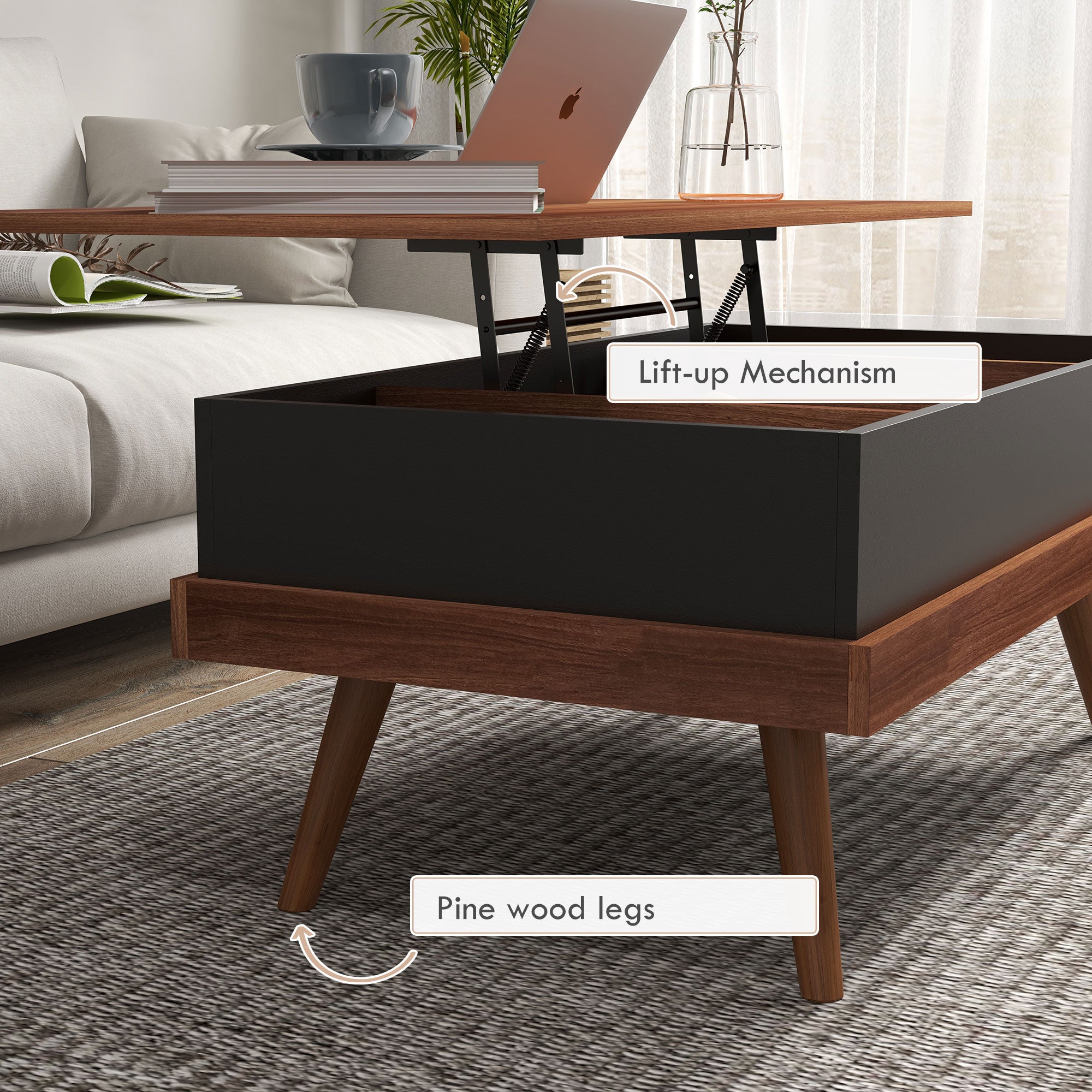 Lift Top Coffee Table with Hidden Compartments and Wood Legs Walnut