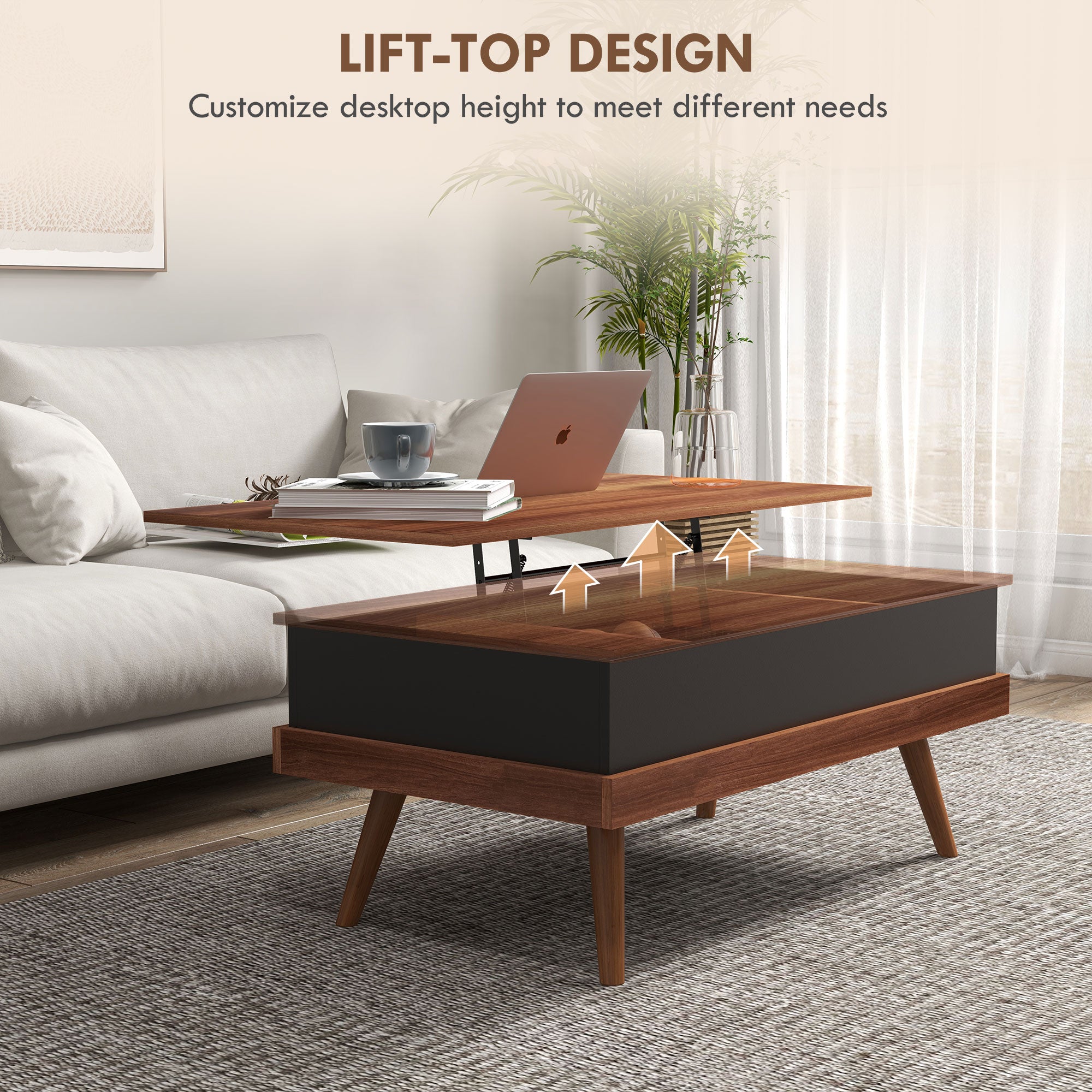 Lift Top Coffee Table with Hidden Compartments and Wood Legs Walnut