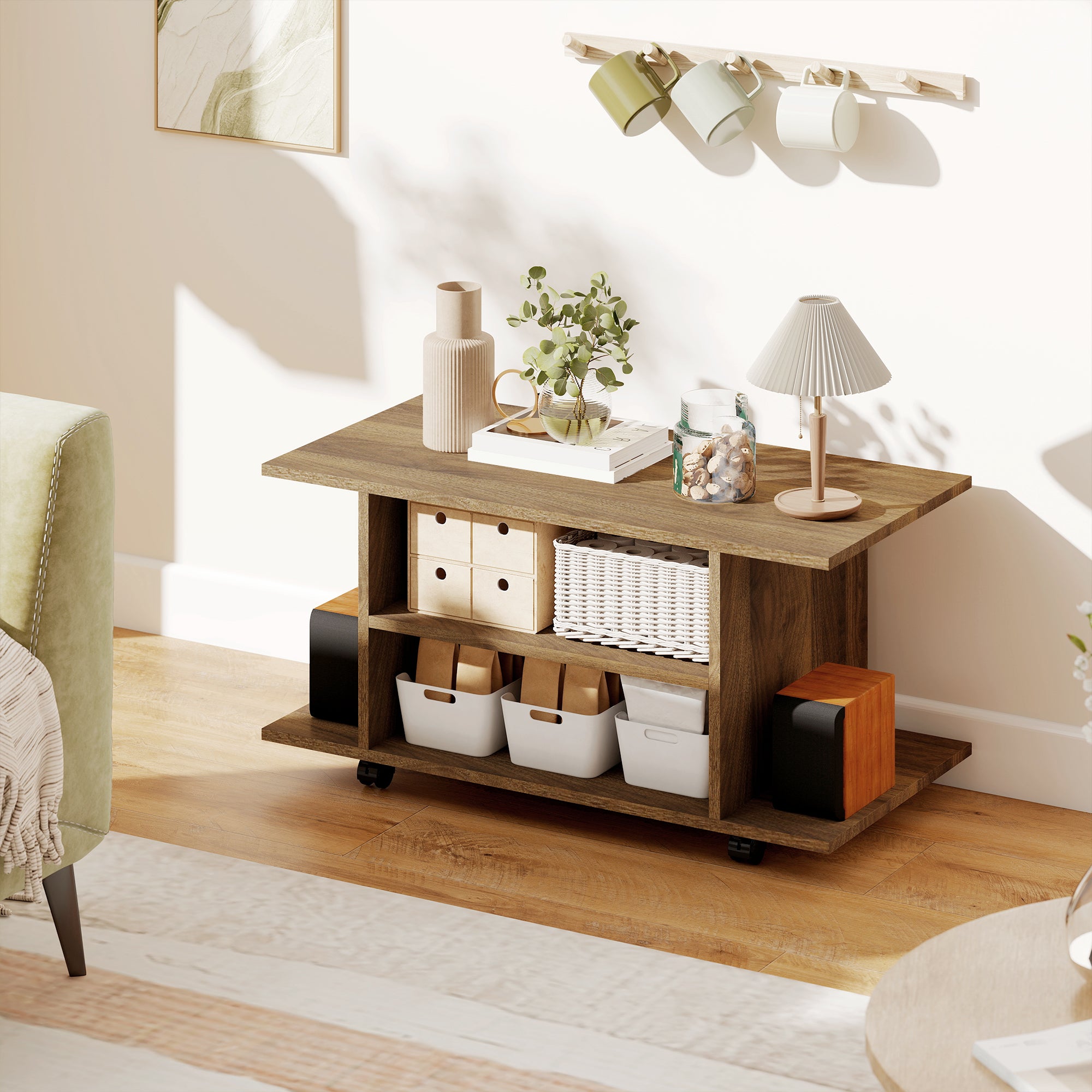 Modern TV Cabinet Stand Storage Shelves Table Mobile Bedroom Furniture Bookshelf Bookcase Walnut