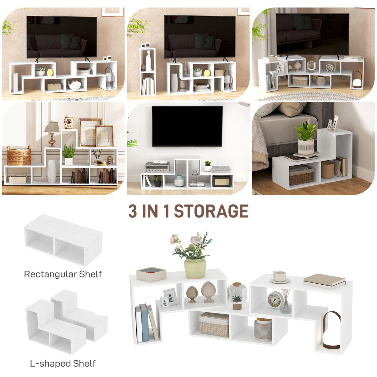 TV Stand for TVs up to 75", 3-Piece Modular TV Console, Industrial Entertainment Center with Open Storage Shelves for Living Room, White