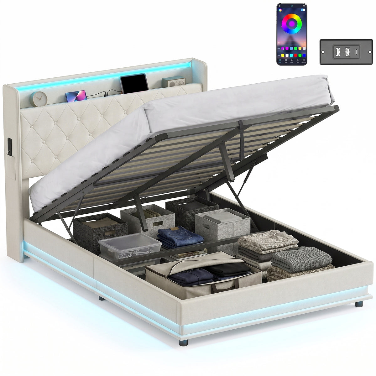 4ft6 Double Ottoman Bed Frame with Hydraulic Storage, APP Control LED Lights and Charging Station, Upholstered Lift Up Storage Bed Frame with Headboard, No Box Spring Needed, Cream White