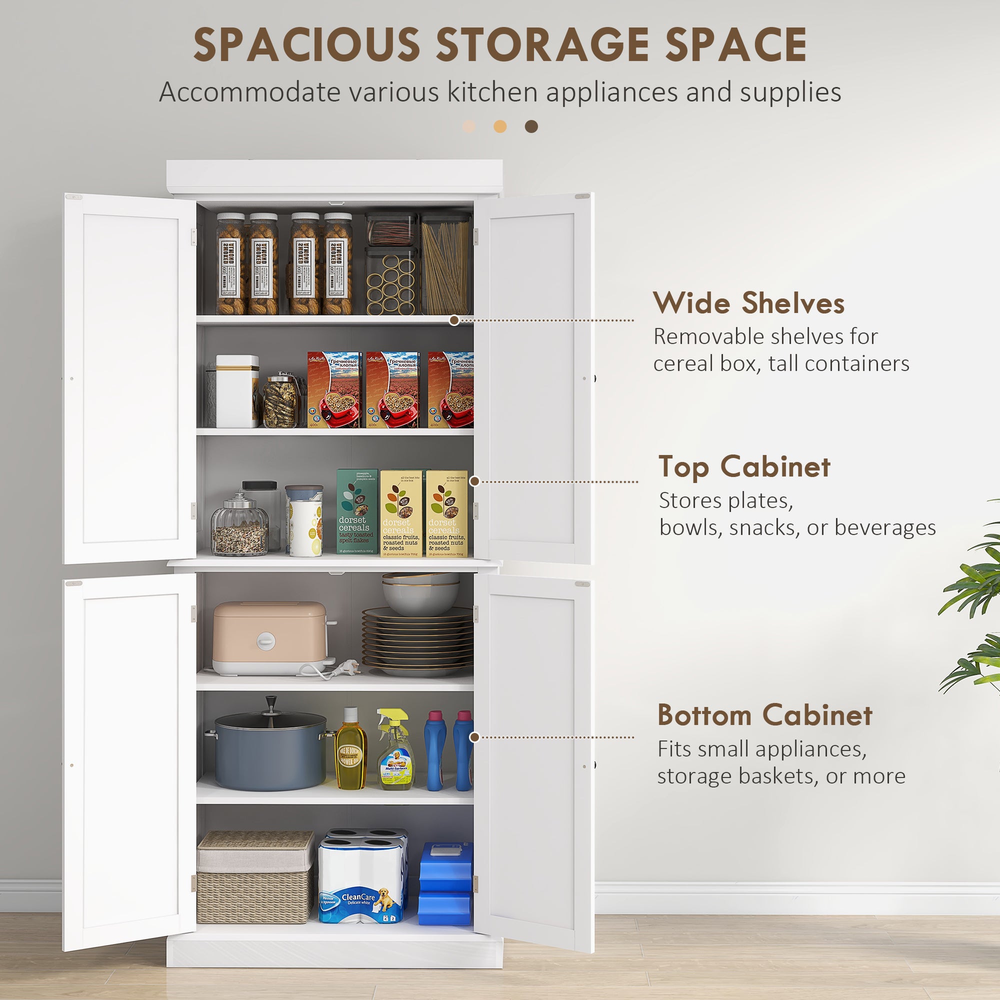 184cm Freestanding Kitchen Cupboard with 4 Doors, Modern Storage Cabinet Organizer with 6-Tier Shelving and 4 Adjustable Shelves, White