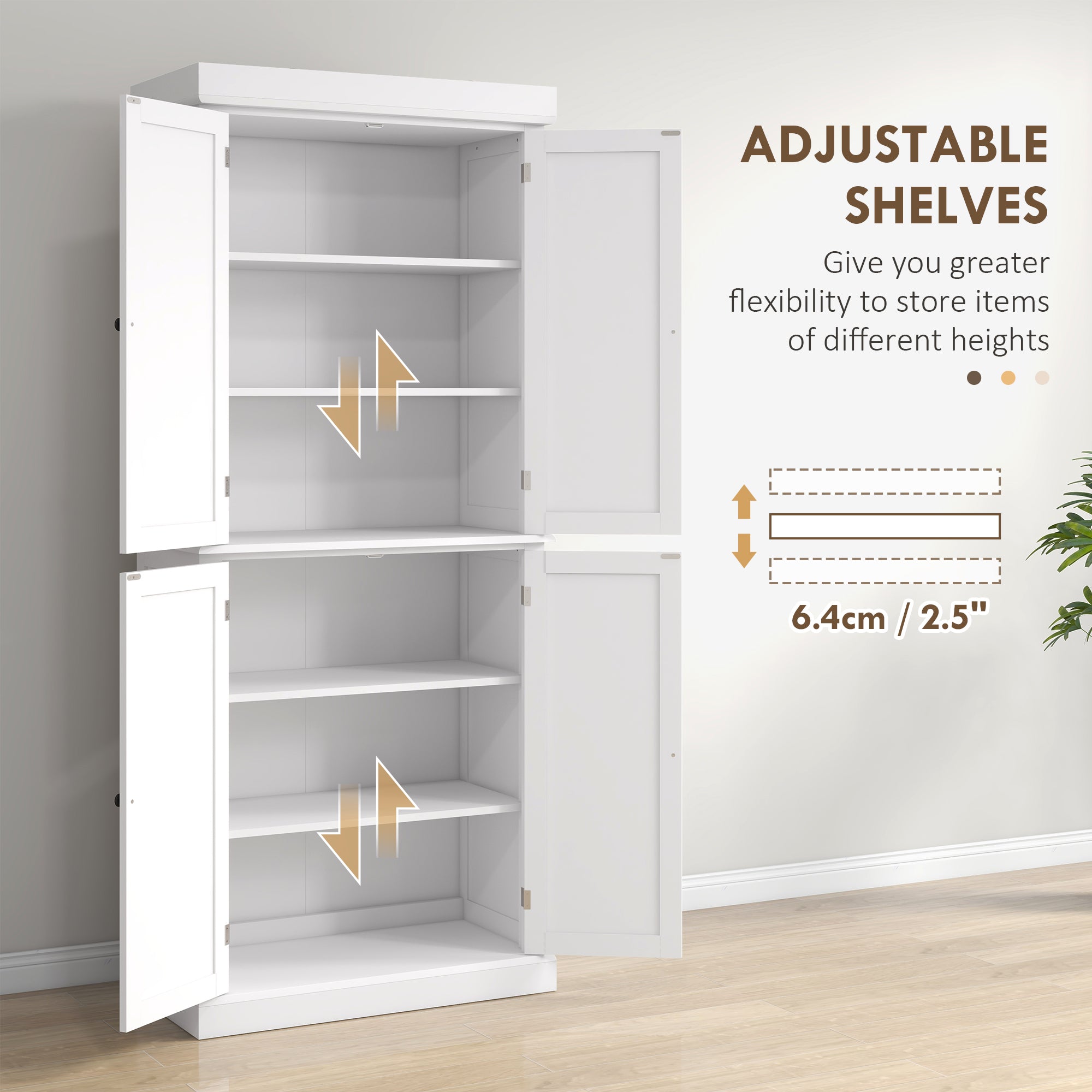 184cm Freestanding Kitchen Cupboard with 4 Doors, Modern Storage Cabinet Organizer with 6-Tier Shelving and 4 Adjustable Shelves, White