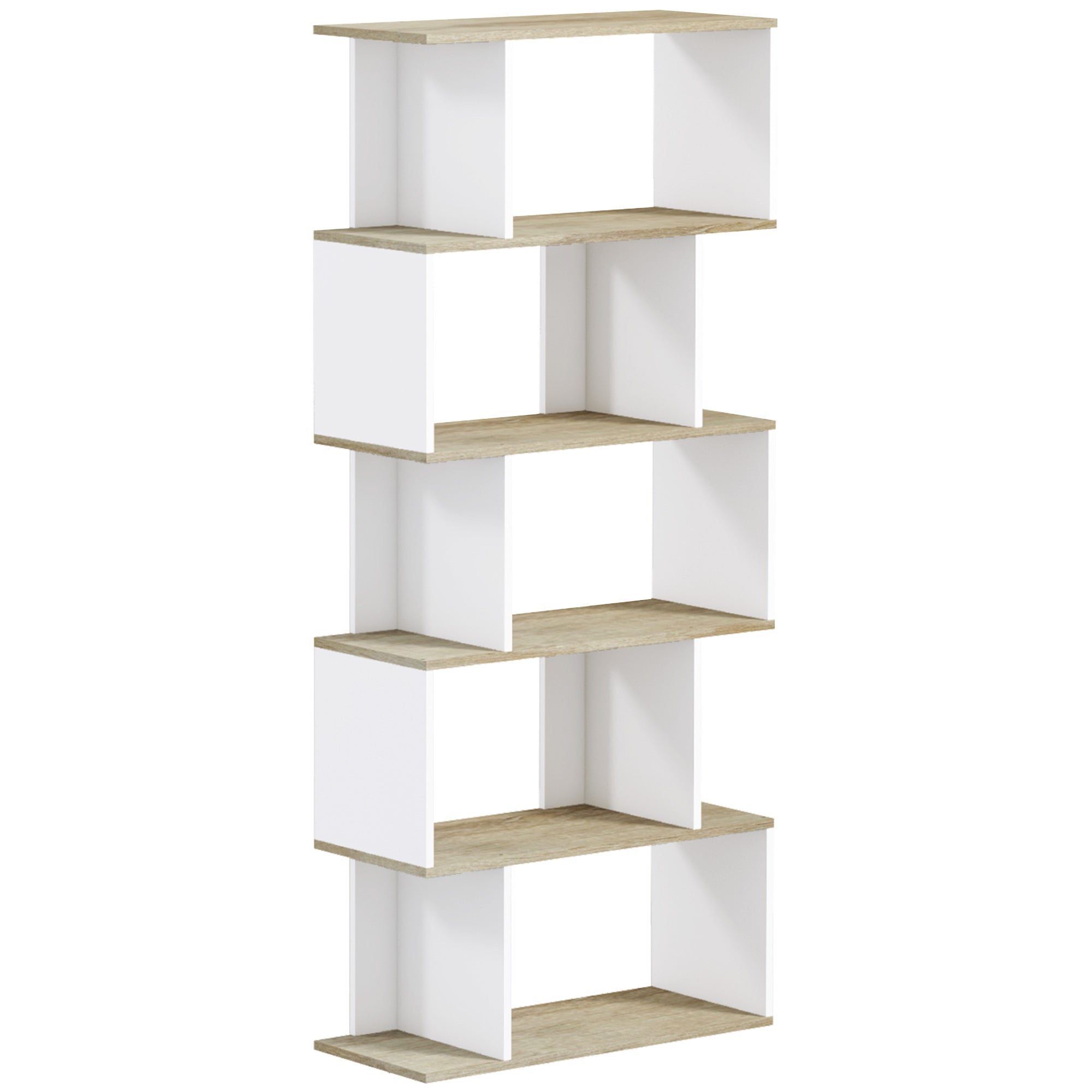 5-Tier Bookshelf, Geometric S Shaped Bookcase, Tall Narrow Display Shelf for for Living Room, Study Room, Home Office, White