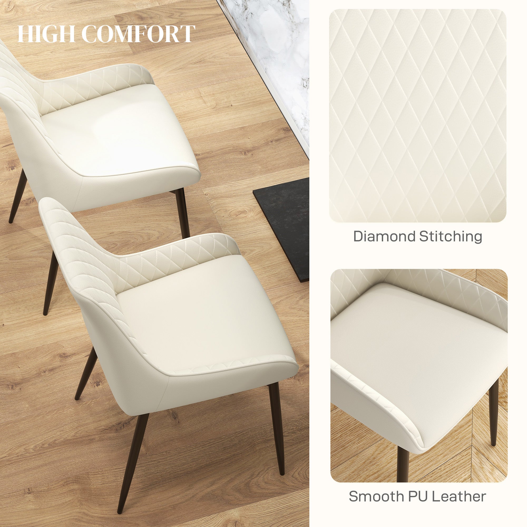 HOMCOM Dining Chairs Set of 2, Modern PU Leather Upholstered Kitchen Chairs with Diamond Tufted Backs and Steel Legs for Living Room, Dining Room, Bedroom, Cream White