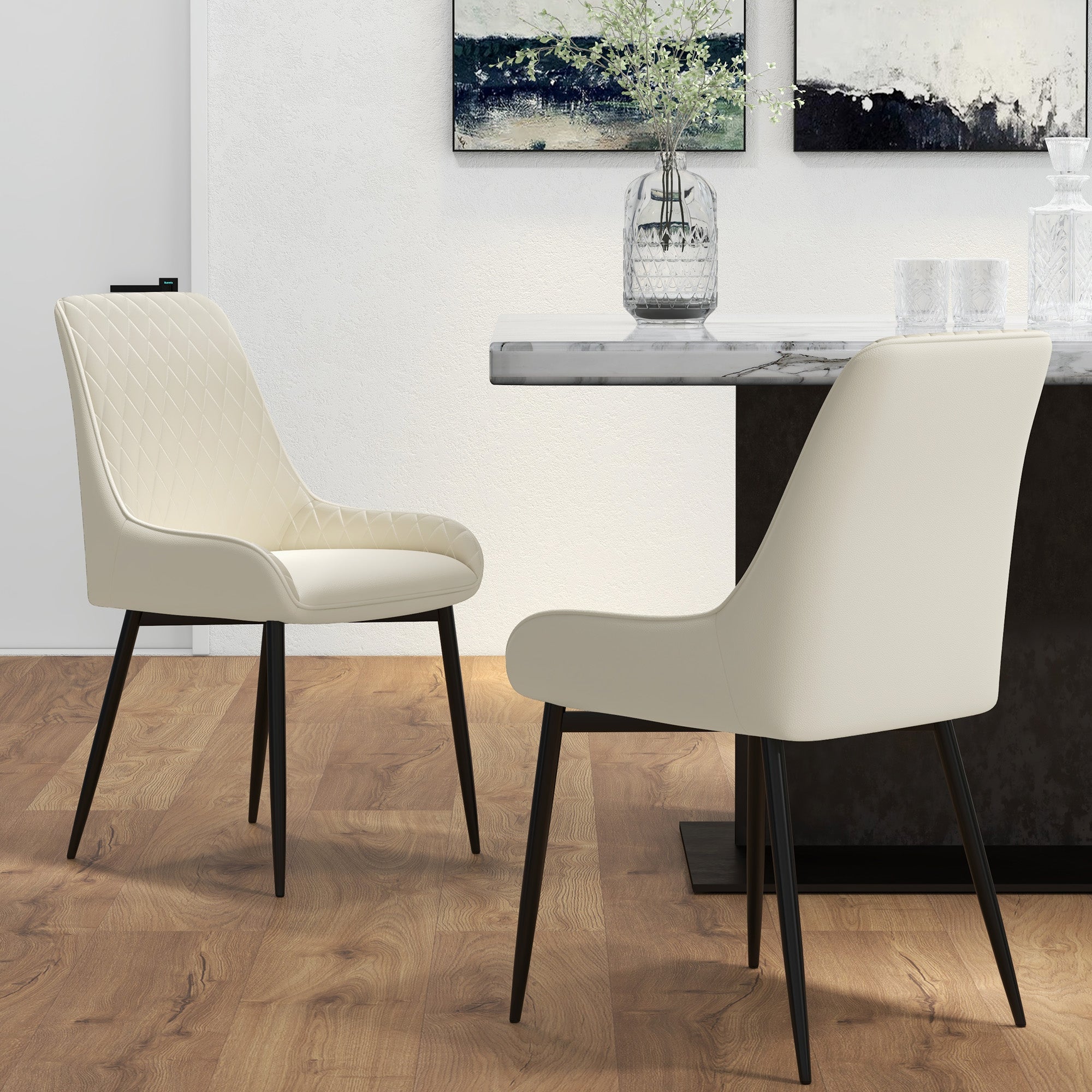 HOMCOM Dining Chairs Set of 2, Modern PU Leather Upholstered Kitchen Chairs with Diamond Tufted Backs and Steel Legs for Living Room, Dining Room, Bedroom, Cream White