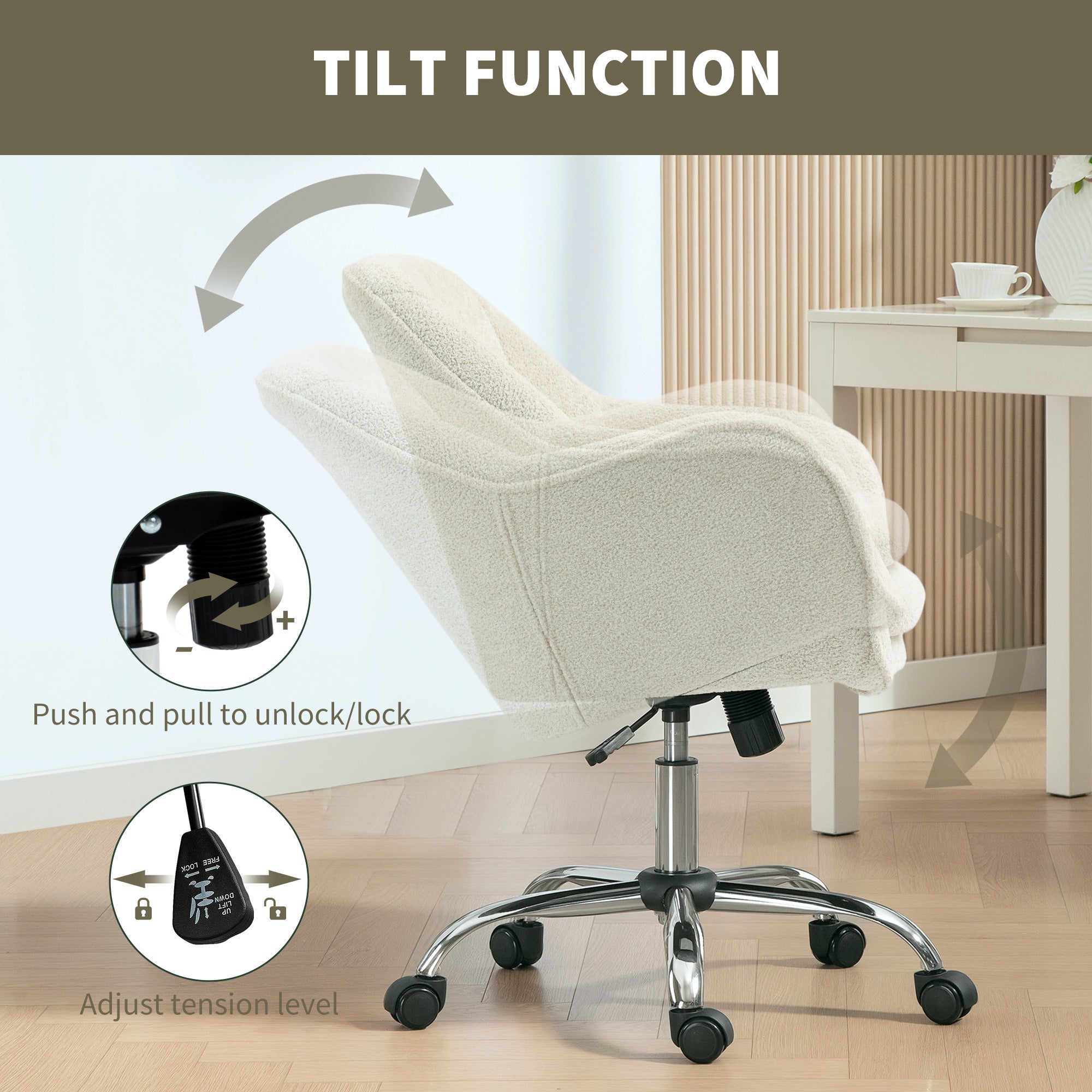 Velvet Office Chair, Modern Makeup Vanity Chair with Tub Back, Swivel Rolling Computer Armchair for Bedroom, Living Room, Beige