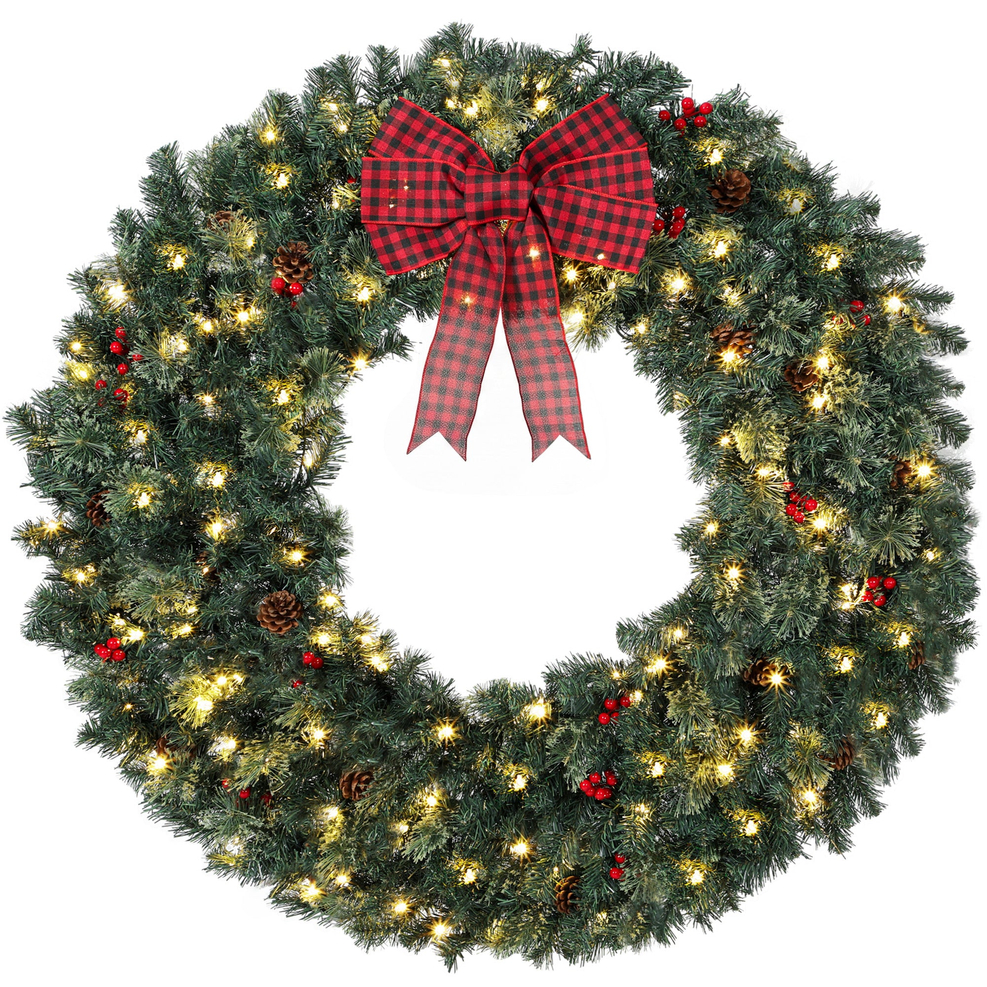 48 in Pre-Lit Crestwood Spruce Artificial Christmas Wreath, Christmas Decoration with Bow, 150 LED Lights, 500 Tips, 8 Modes, Red Berries, Pinecones for Door, Indoor Covered Outdoor, Green