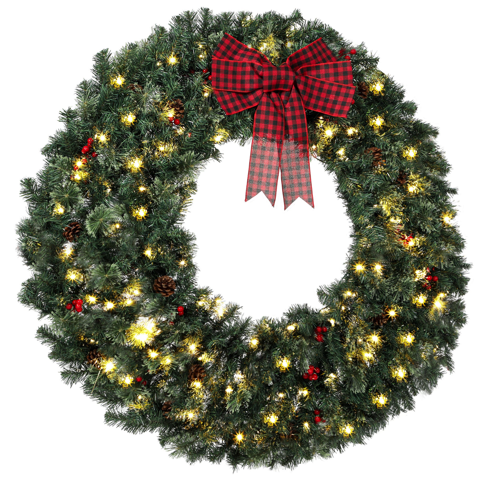 48 in Pre-Lit Crestwood Spruce Artificial Christmas Wreath, Christmas Decoration with Bow, 150 LED Lights, 500 Tips, 8 Modes, Red Berries, Pinecones for Door, Indoor Covered Outdoor, Green