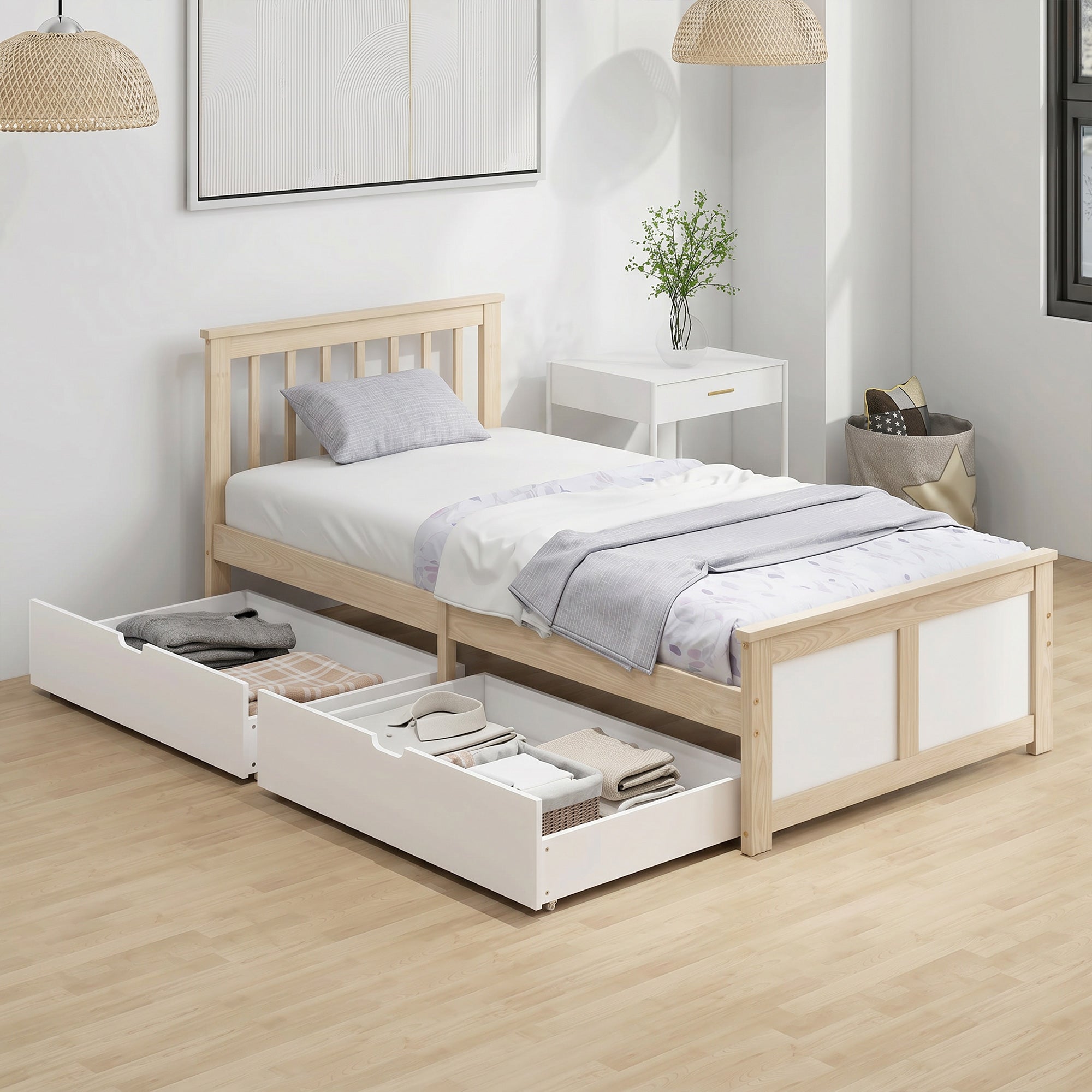 3ft Single Solid Wooden Bed Frame, Pine Storage Bed with Drawers, Headboard, Wood Slat Support, No Box Spring Needed, Easy Assembly, 90 x 190 cm, Natural Wood Finish