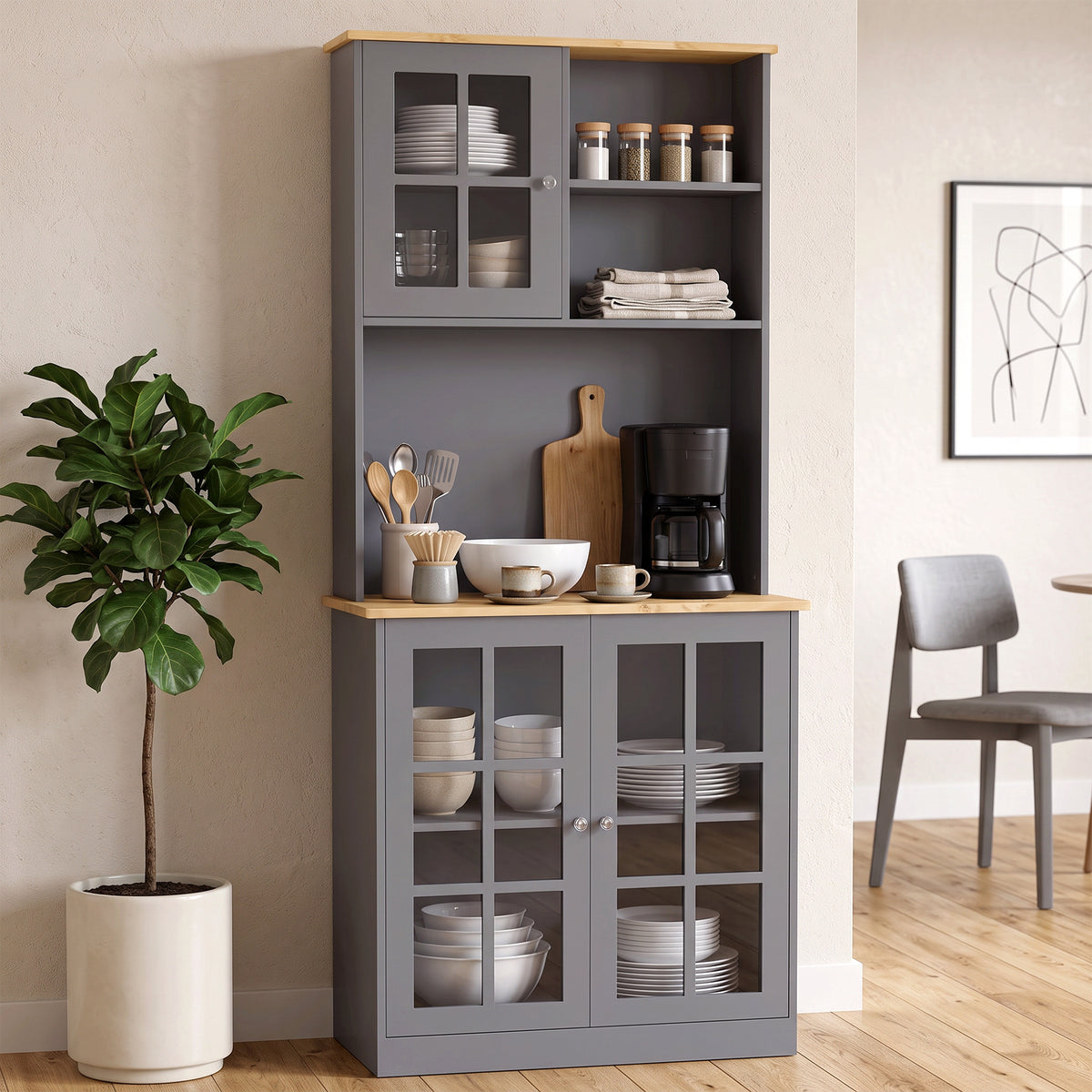Kitchen Pantry, Buffet Hutch with 3 Storage Cabinets, 2 Open Shelves and Large Countertop for Kitchen, Living Room and Entryway, Grey