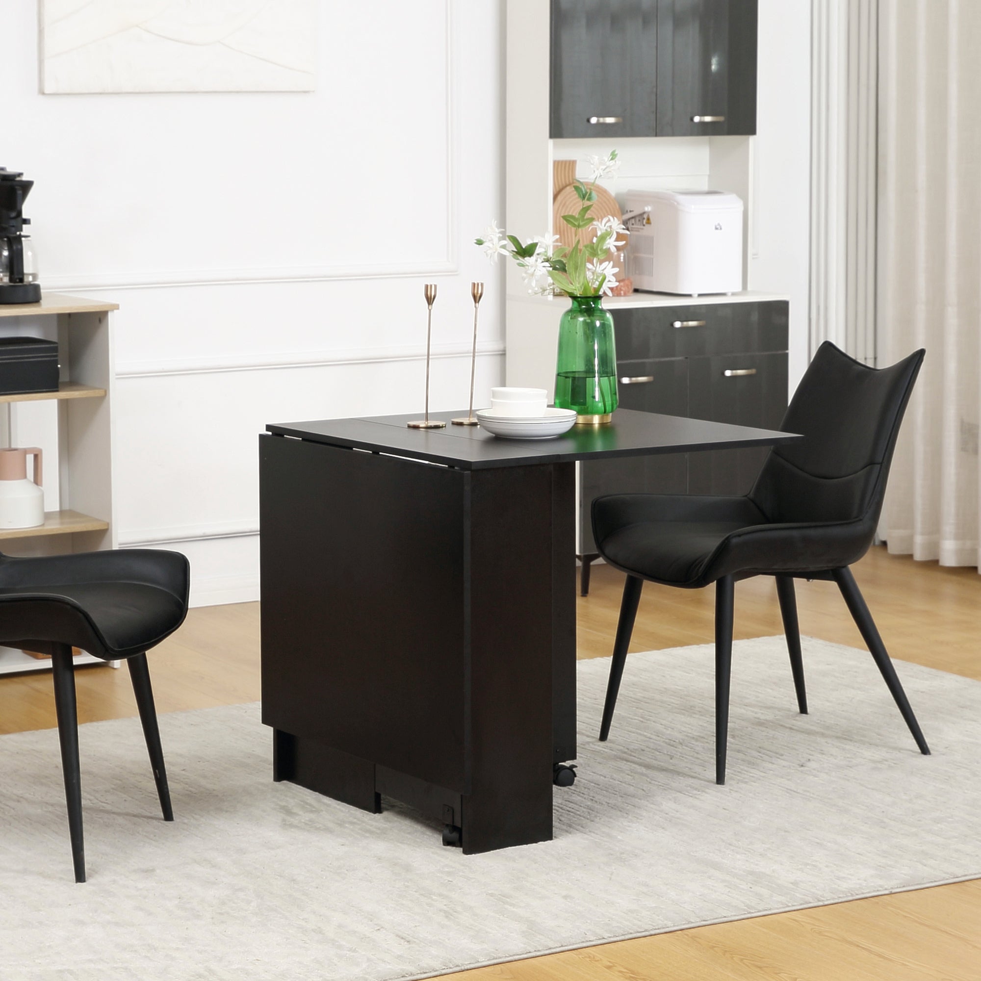 HOMCOM Folding Dining Table, Drop Leaf Table for Small Spaces with 2-tier Shelves, Small Kitchen Table with Rolling Casters, Black