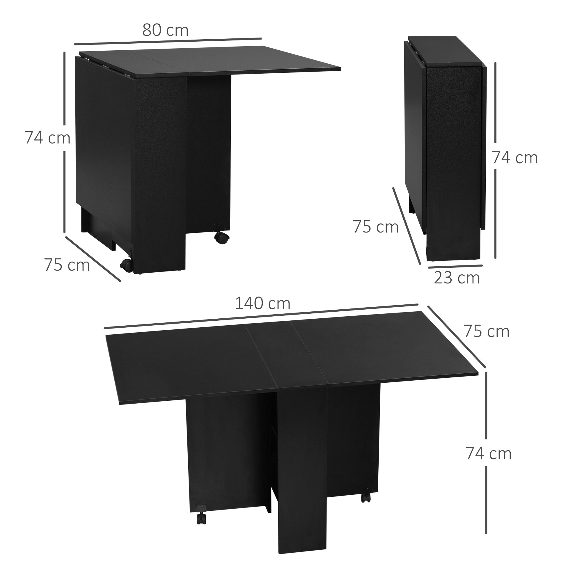 HOMCOM Folding Dining Table, Drop Leaf Table for Small Spaces with 2-tier Shelves, Small Kitchen Table with Rolling Casters, Black