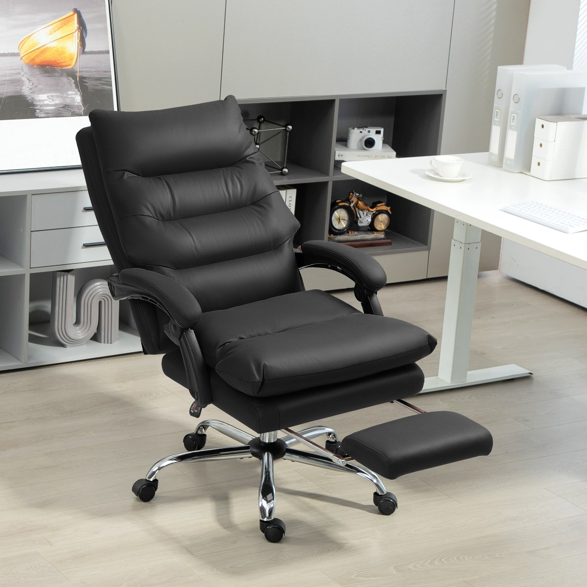 Massage Office Chair with Heated Function, Computer Desk Chair with Footrest, Double-tier Padding, Swivel Wheels, Reclining, Black