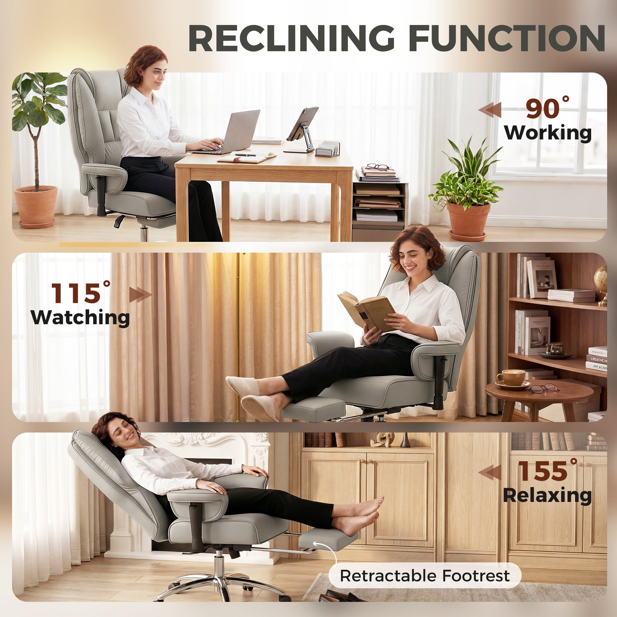 Ergonomic Executive Office Chair with Foot Rest, Reclining Swivel Computer Desk Chair with Adjustable Armrests, Spring Seat, High Back, Thick Cushion, Pet Friendly Faux Leather, Light Gray