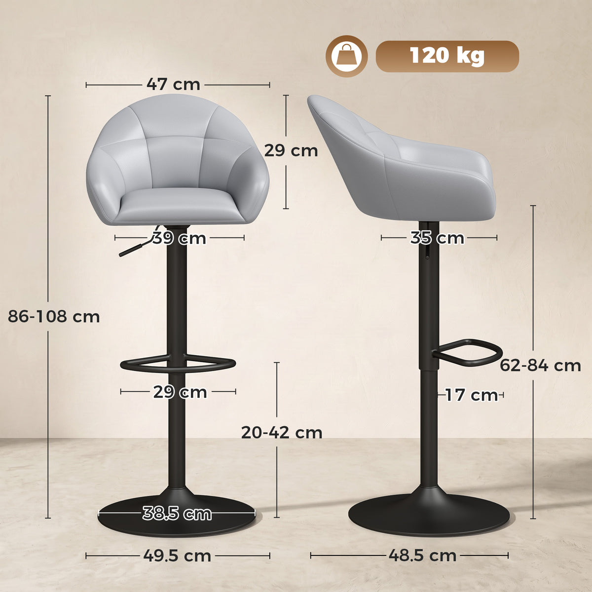 Breakfast Bar Stools Set of 2, Modern Faux Leather Swivel Barstools, Adjustable Counter Height Bar Chairs with Backrest, Arm, Footrest for Kitchen Island, Dining Room, Bar, Grey