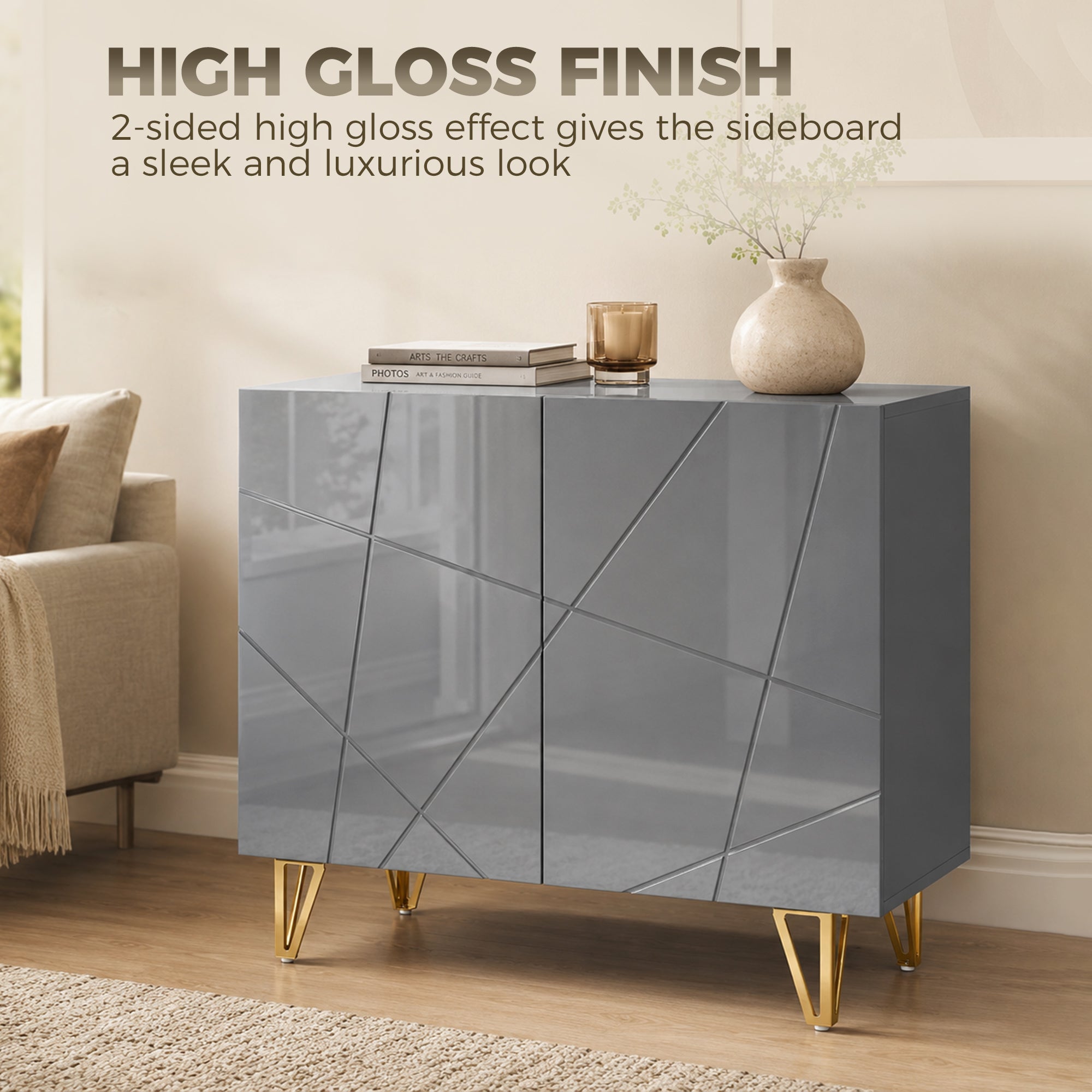 Storage Cabinet with High Gloss, Freestanding Sideboard with Adjustable Shelf, Soft-Close Doors and Gold Tone Hairpin Legs for Living Room, Dining Room, Hallway, Grey