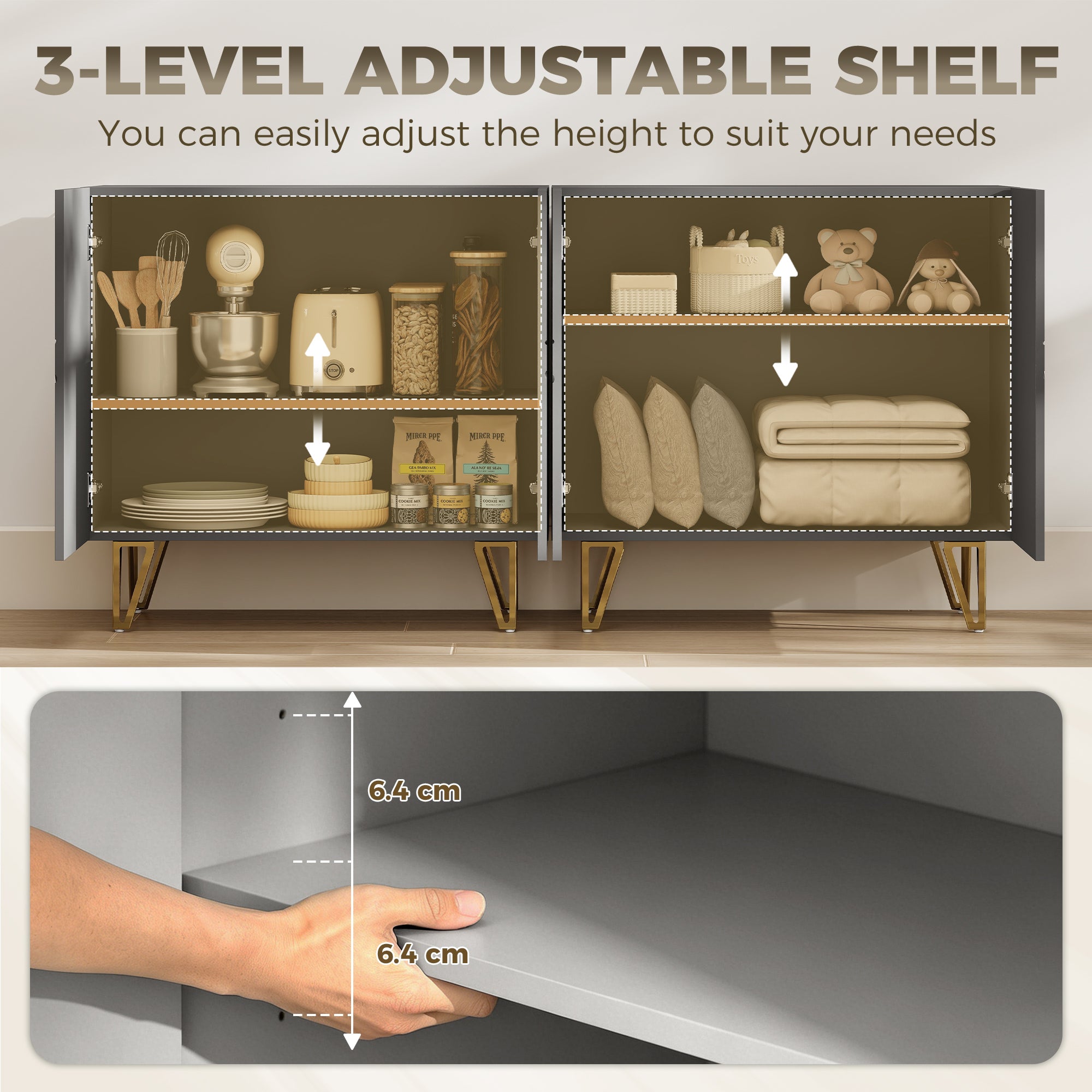 Storage Cabinet with High Gloss, Freestanding Sideboard with Adjustable Shelf, Soft-Close Doors and Gold Tone Hairpin Legs for Living Room, Dining Room, Hallway, Grey
