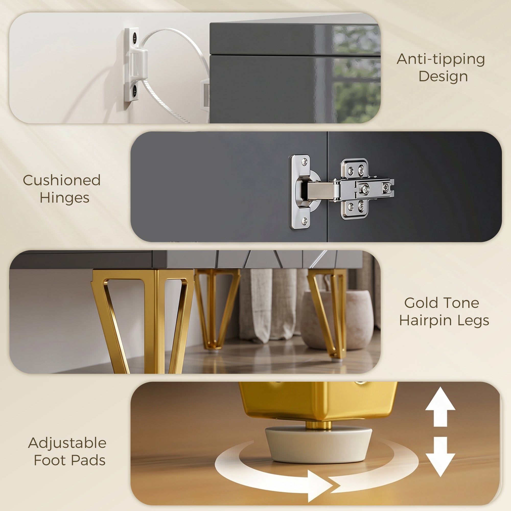 Storage Cabinet with High Gloss, Freestanding Sideboard with Adjustable Shelf, Soft-Close Doors and Gold Tone Hairpin Legs for Living Room, Dining Room, Hallway, Grey