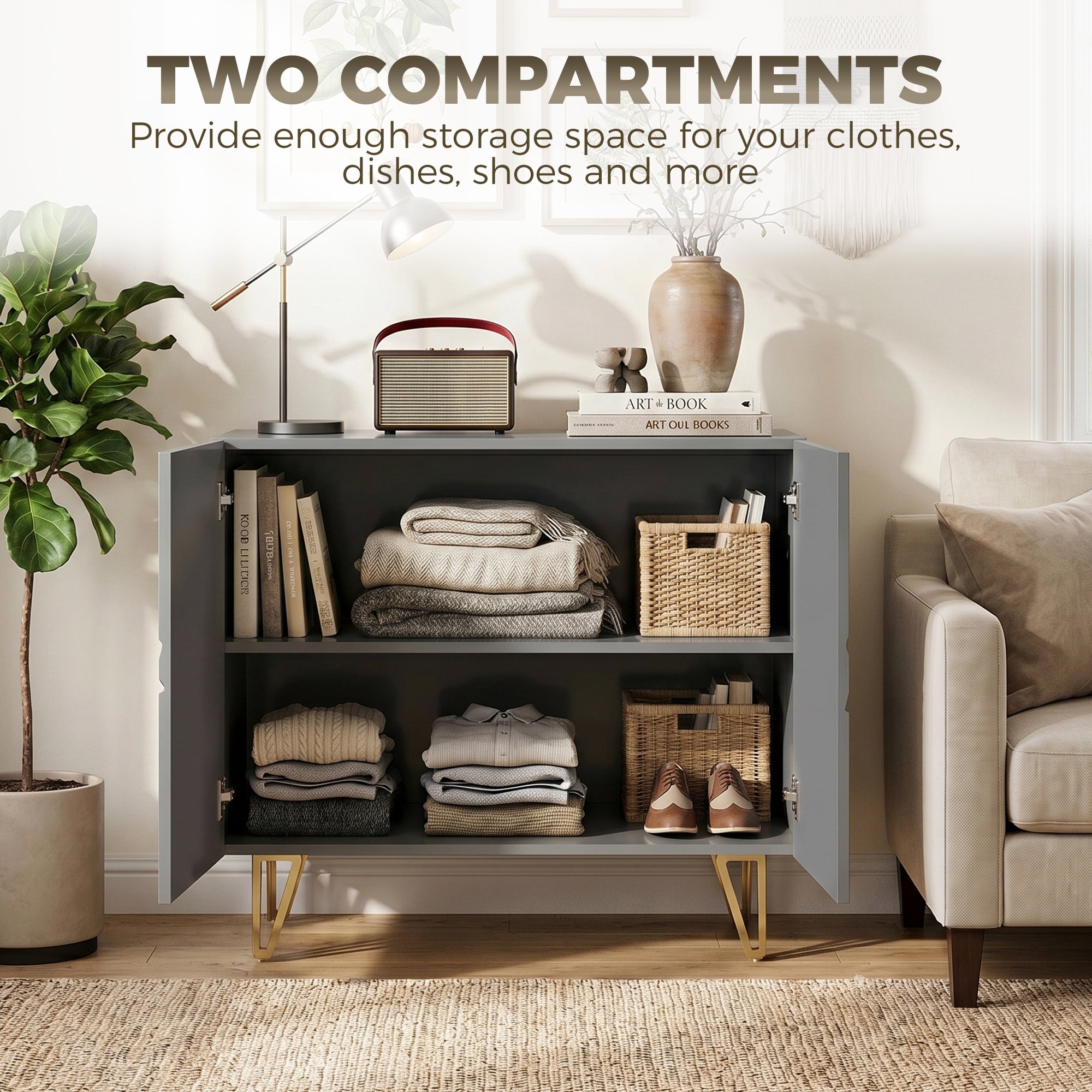 Storage Cabinet with High Gloss, Freestanding Sideboard with Adjustable Shelf, Soft-Close Doors and Gold Tone Hairpin Legs for Living Room, Dining Room, Hallway, Grey
