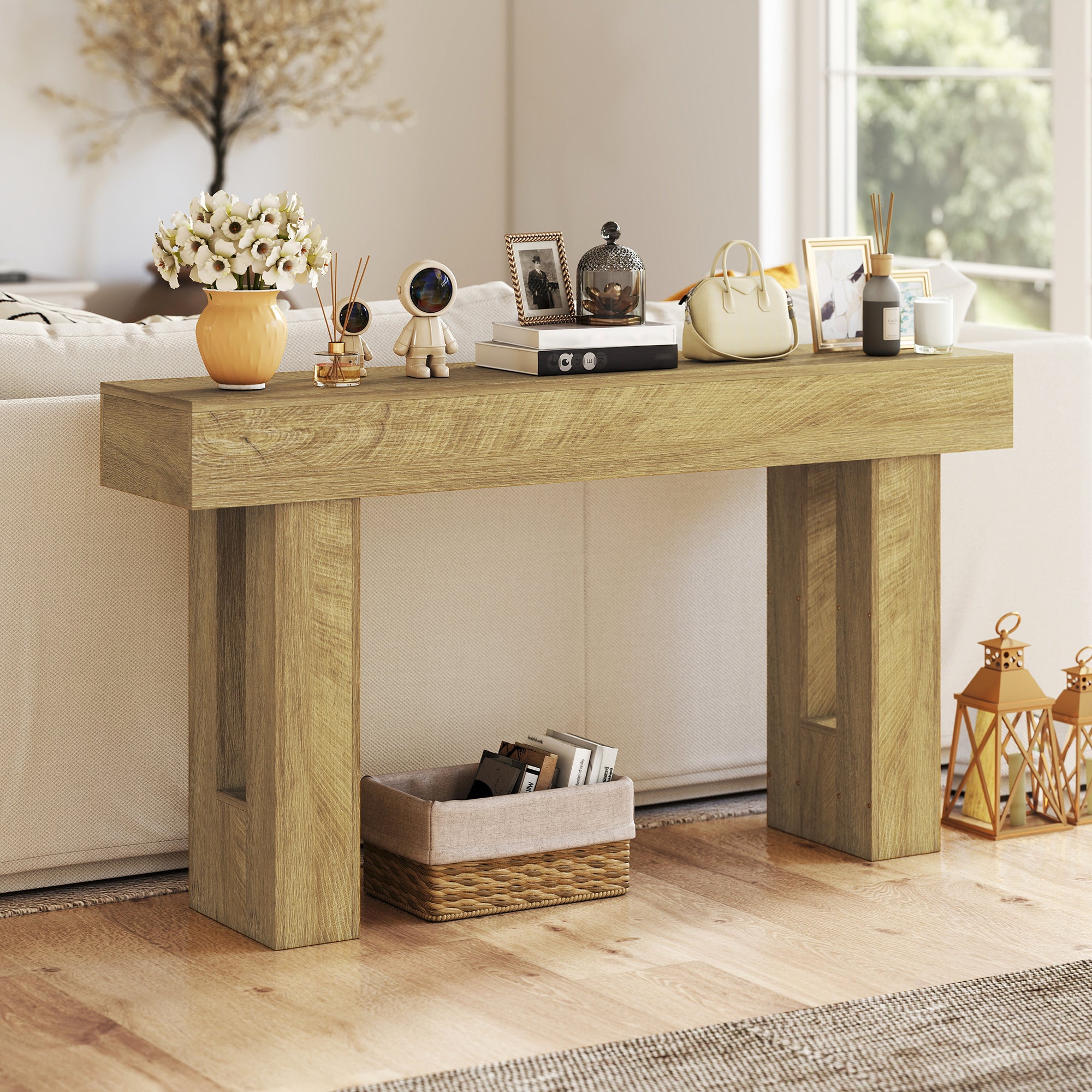 63 Inch Console Table, Narrow Farmhouse Entryway Table with Thickened Tabletop for Living Room, Hallway, Entrance, Oak