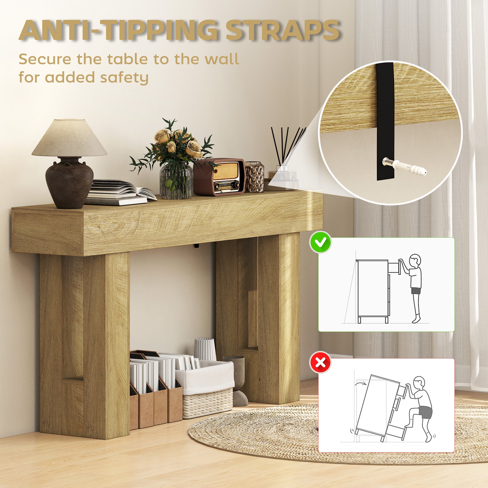 63 Inch Console Table, Narrow Farmhouse Entryway Table with Thickened Tabletop for Living Room, Hallway, Entrance, Oak