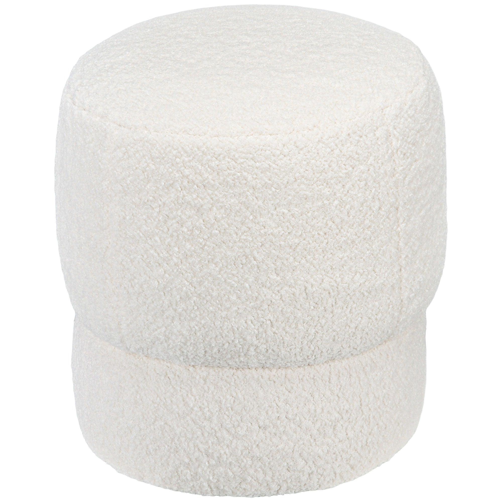 Round Ottoman, Upholstered Foot Stool with Steel Frame, Teddy Fleece Fabric for Living Room, Entryway, White