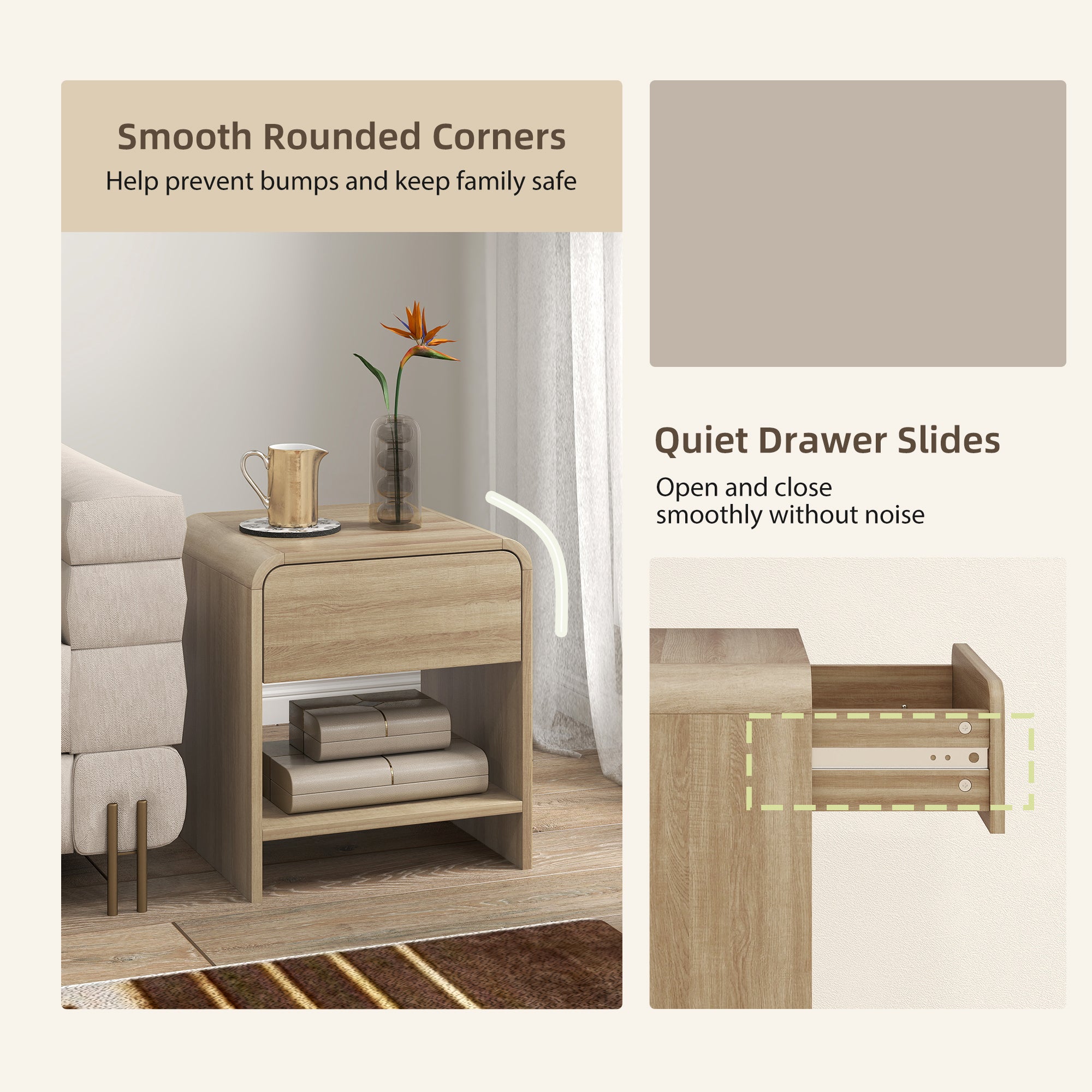 Bedside Tables Set of 2, Modern Nightstands with Rounded Corners, Space-Saving Side Table with Drawer and Open Shelf for Living Room, Bedroom, Natural Wood
