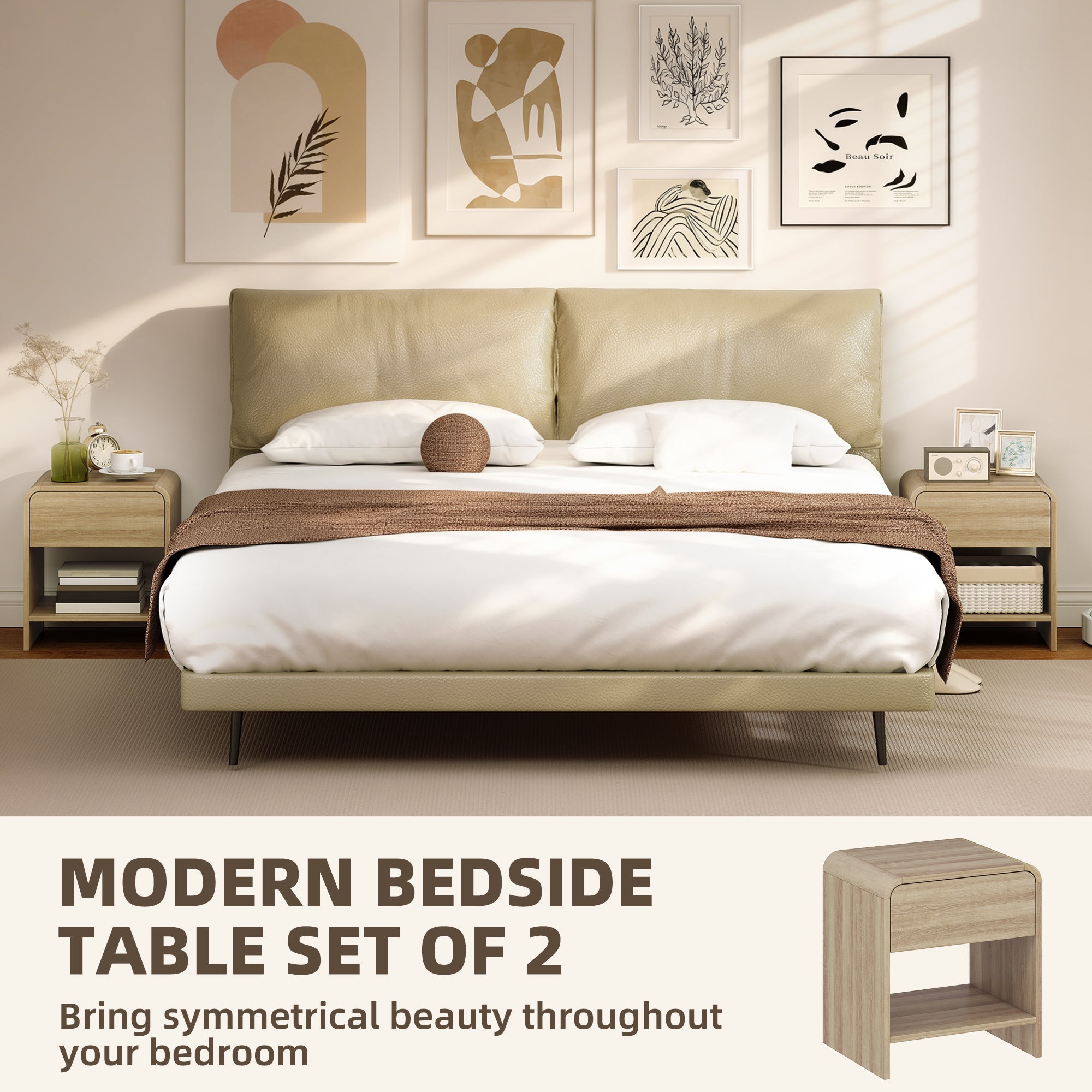 Bedside Tables Set of 2, Modern Nightstands with Rounded Corners, Space-Saving Side Table with Drawer and Open Shelf for Living Room, Bedroom, Natural Wood