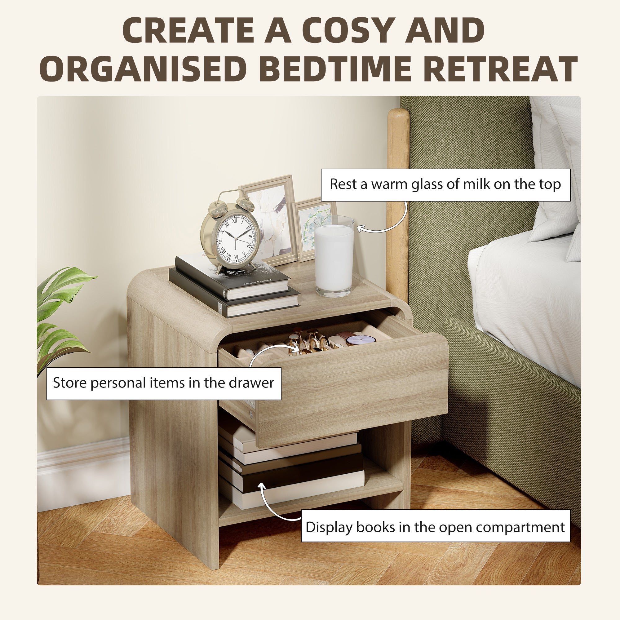 Bedside Tables Set of 2, Modern Nightstands with Rounded Corners, Space-Saving Side Table with Drawer and Open Shelf for Living Room, Bedroom, Natural Wood