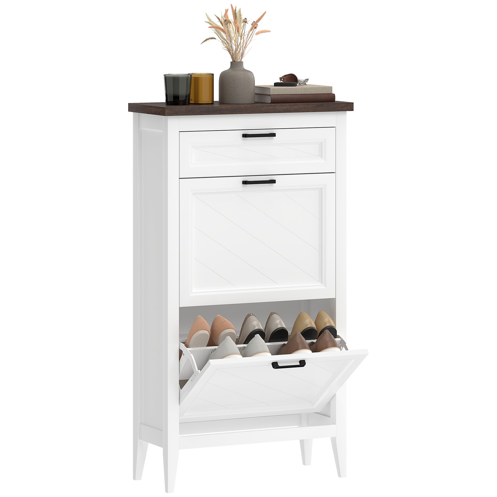 Shoe Cabinet with 2 Flip Drawers, Farmhouse Narrow Shoe Storage Cabinet with Adjustable Shelves, Storage Drawer, Freestanding for Entryway, Hallway, Living Room, Holds 8-12 Pairs, White