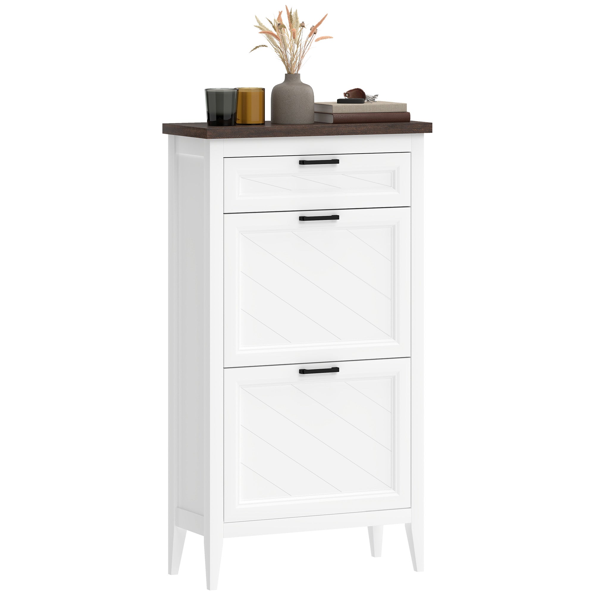 Shoe Cabinet with 2 Flip Drawers, Farmhouse Narrow Shoe Storage Cabinet with Adjustable Shelves, Storage Drawer, Freestanding for Entryway, Hallway, Living Room, Holds 8-12 Pairs, White