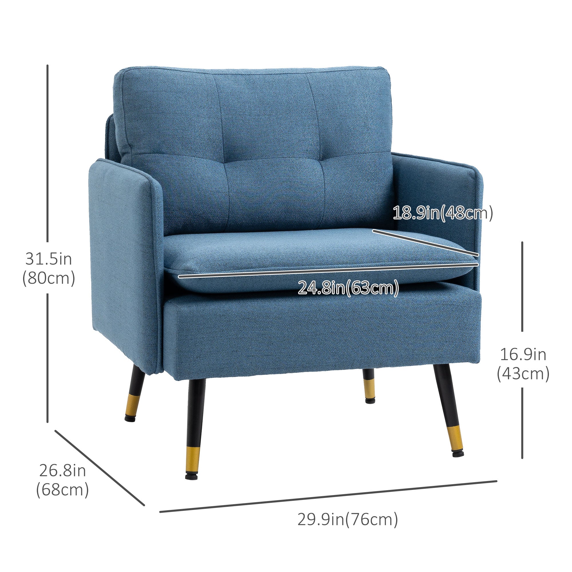 HOMCOM Accent Chair with Cushioned Seat and Back, Upholstered Fabric Armchair for Bedroom, Button Tufted Living Room Chair with Arms and Steel Legs, Blue