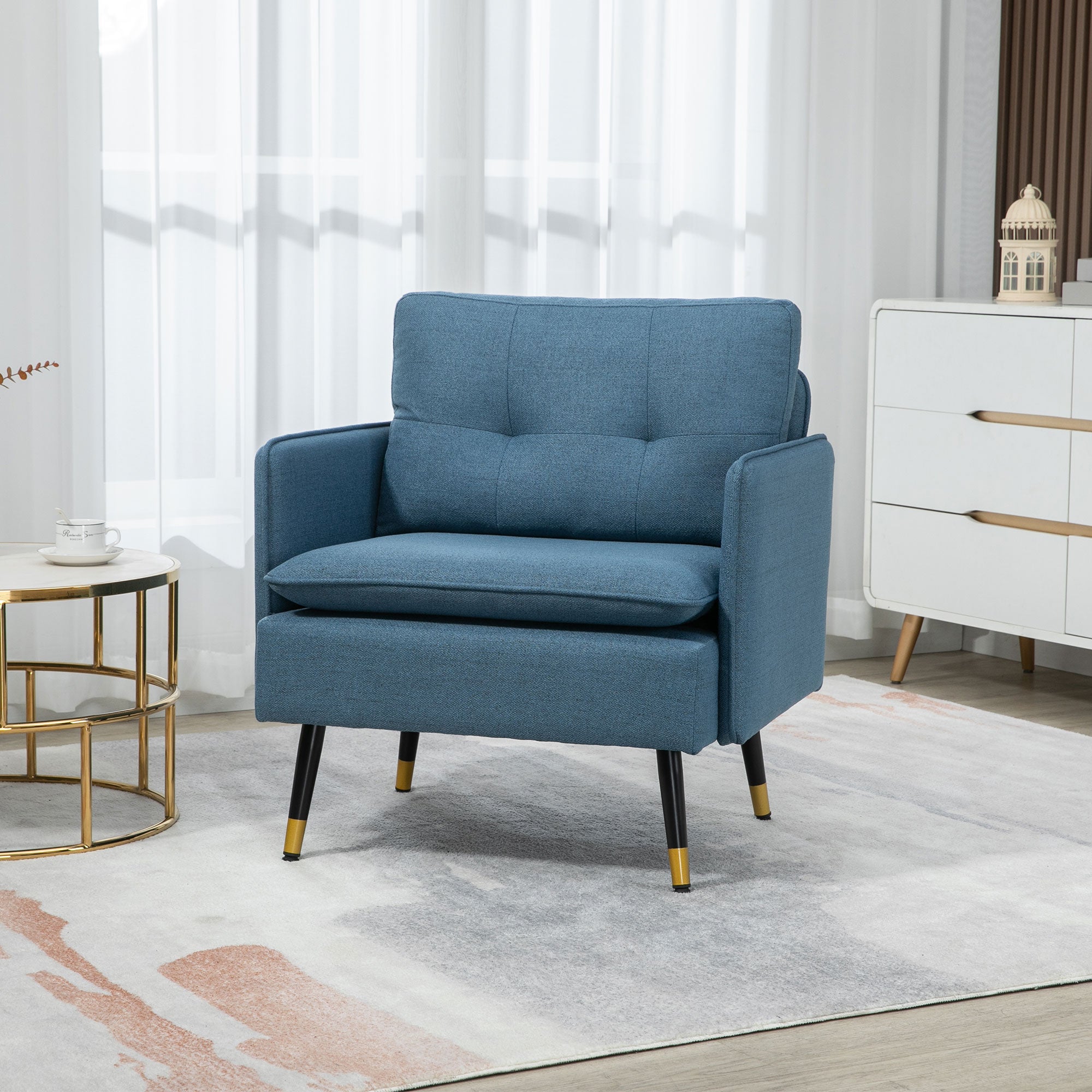 HOMCOM Accent Chair with Cushioned Seat and Back, Upholstered Fabric Armchair for Bedroom, Button Tufted Living Room Chair with Arms and Steel Legs, Blue