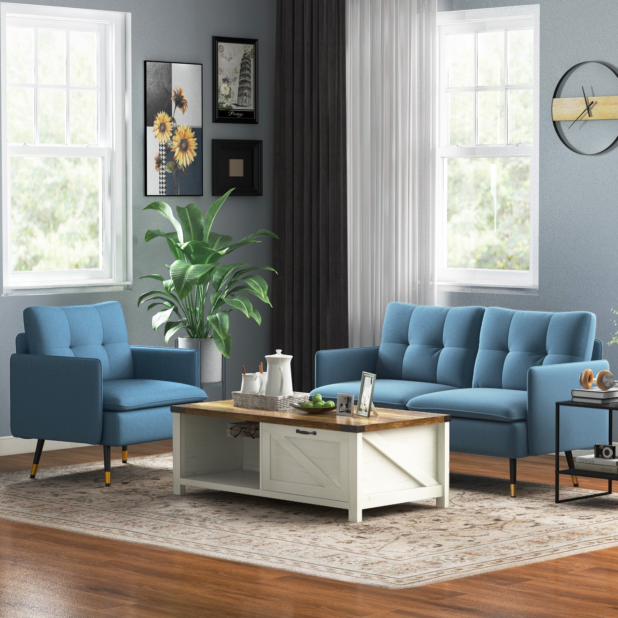 HOMCOM Accent Chair with Cushioned Seat and Back, Upholstered Fabric Armchair for Bedroom, Button Tufted Living Room Chair with Arms and Steel Legs, Blue