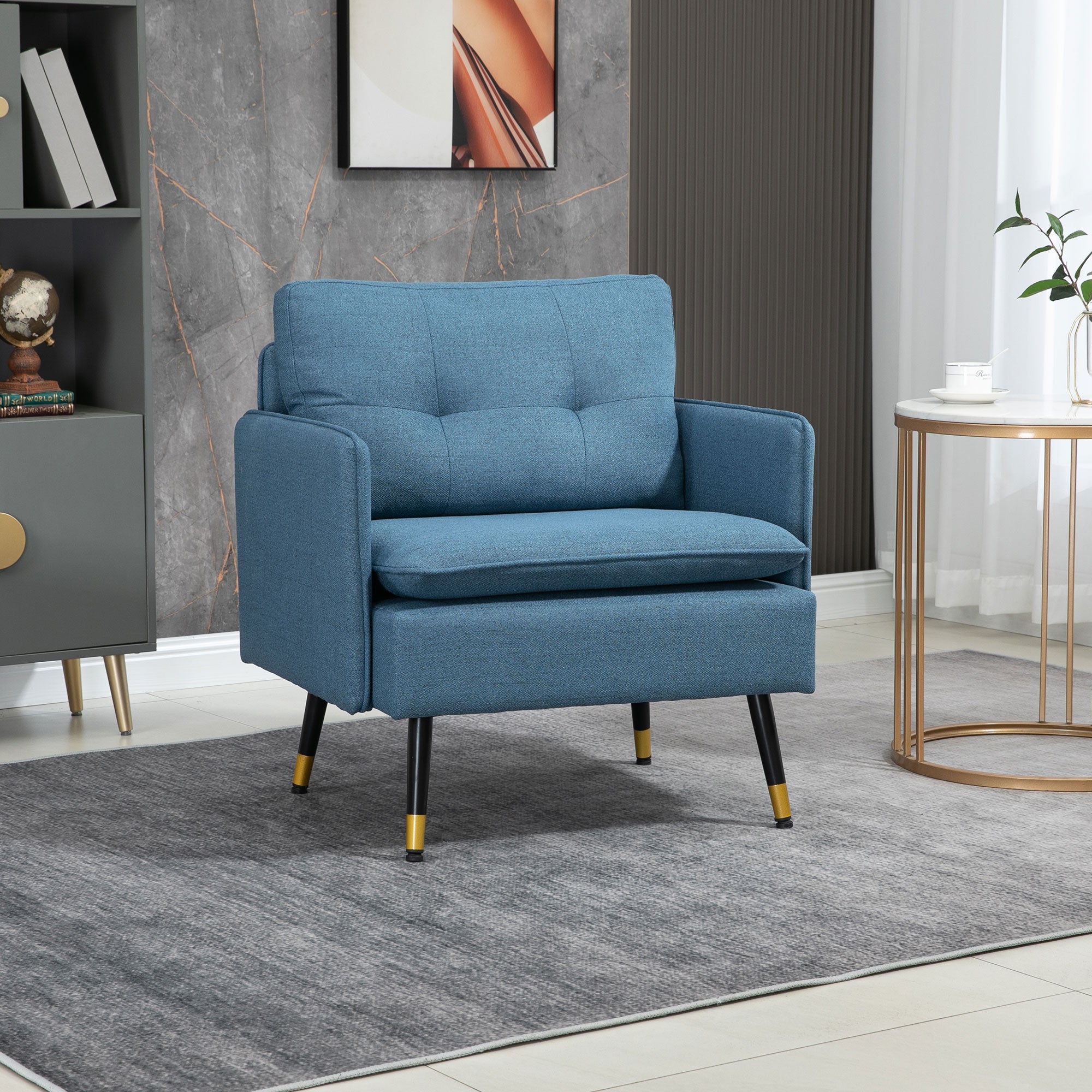 HOMCOM Accent Chair with Cushioned Seat and Back, Upholstered Fabric Armchair for Bedroom, Button Tufted Living Room Chair with Arms and Steel Legs, Blue