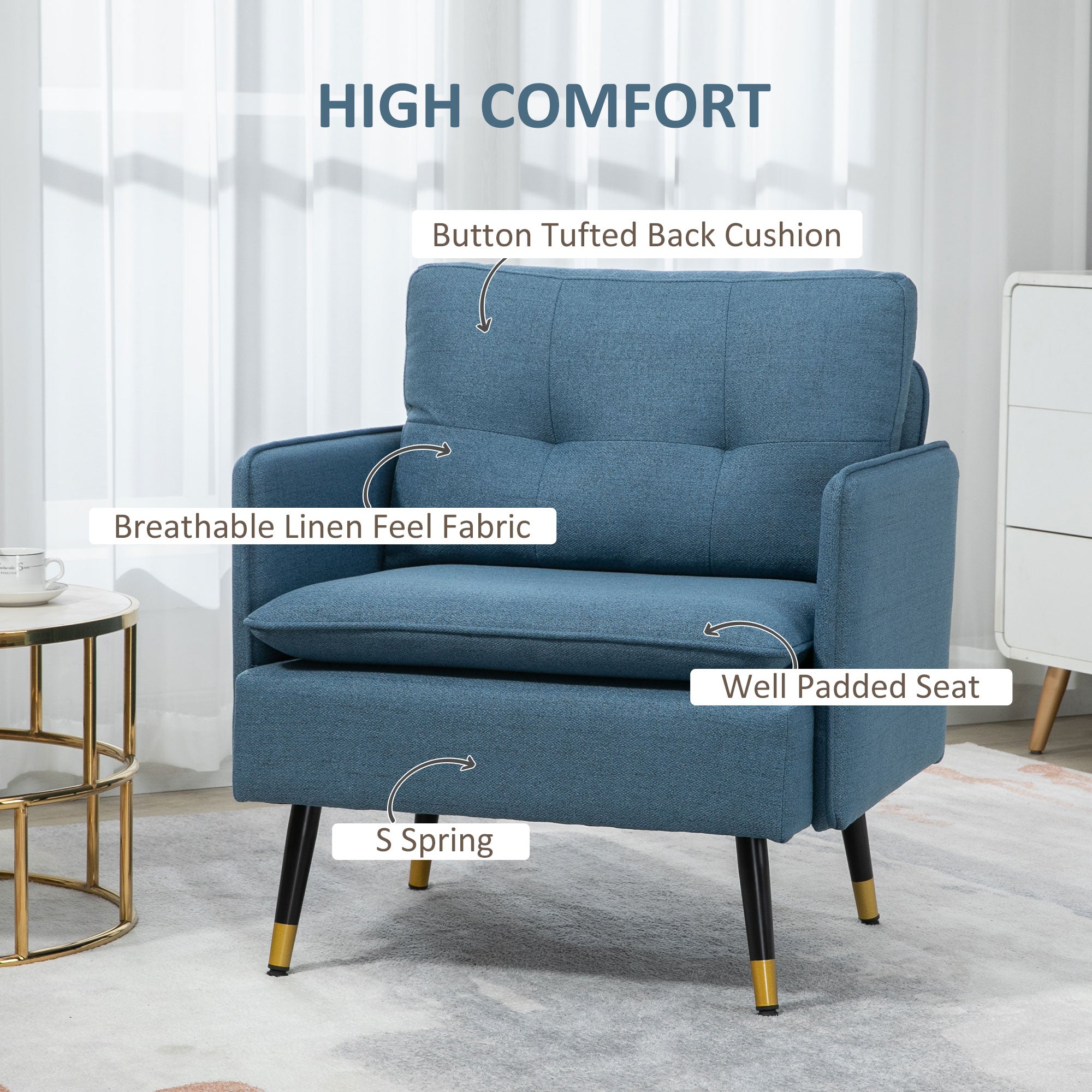 HOMCOM Accent Chair with Cushioned Seat and Back, Upholstered Fabric Armchair for Bedroom, Button Tufted Living Room Chair with Arms and Steel Legs, Blue