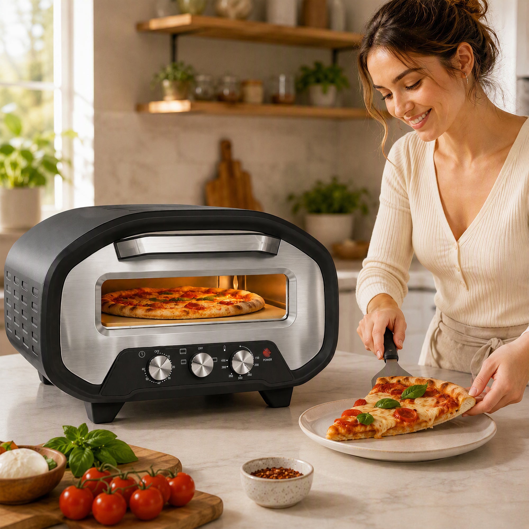 Pizza Oven Indoor, 12 Inch Electric Countertop Pizza Maker with 3 Knob Control, 430°C, 60-Min Timer, Ceramic Stone, Viewing Window, 2200W
