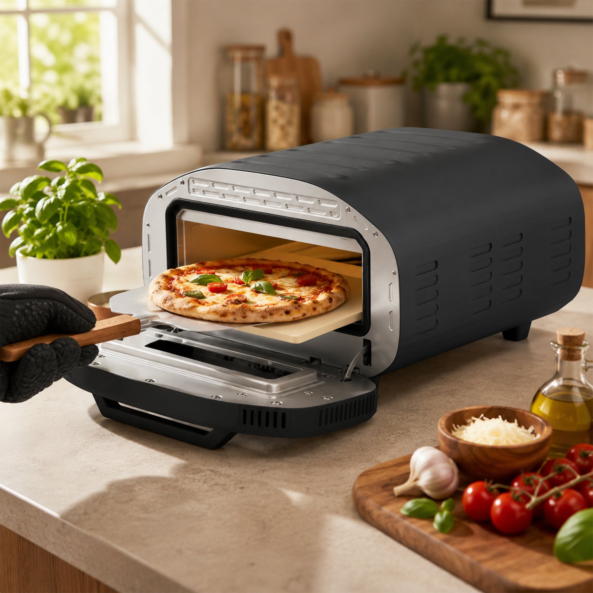 Pizza Oven Indoor, 12 Inch Electric Countertop Pizza Maker with 3 Knob Control, 430°C, 60-Min Timer, Ceramic Stone, Viewing Window, 2200W