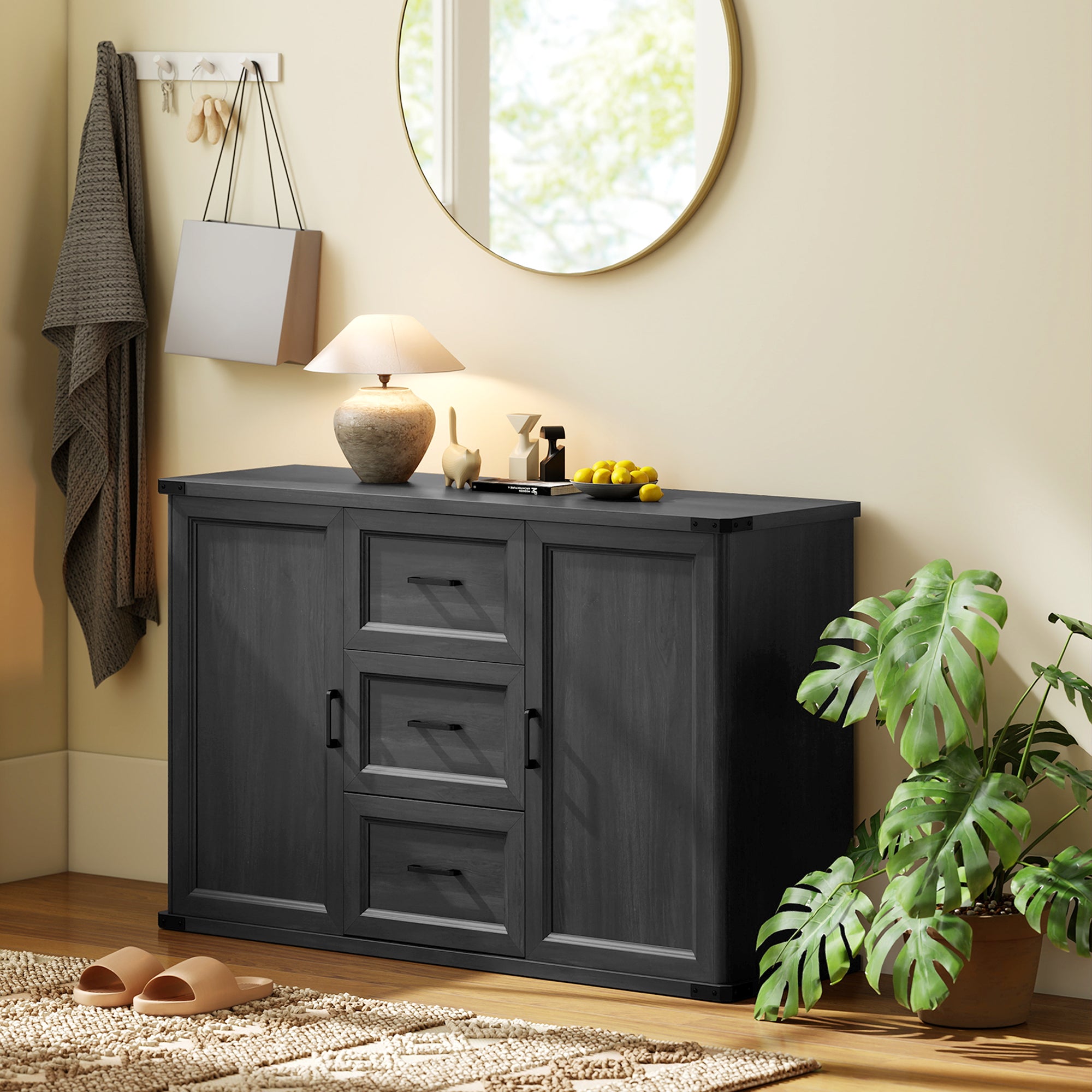 Modern Sideboard Buffet Cabinet with 3 Drawers and 2 Doors, 47" Coffee Bar Cabinet with Adjustable Shelves for Kitchen, Black Wood Grain
