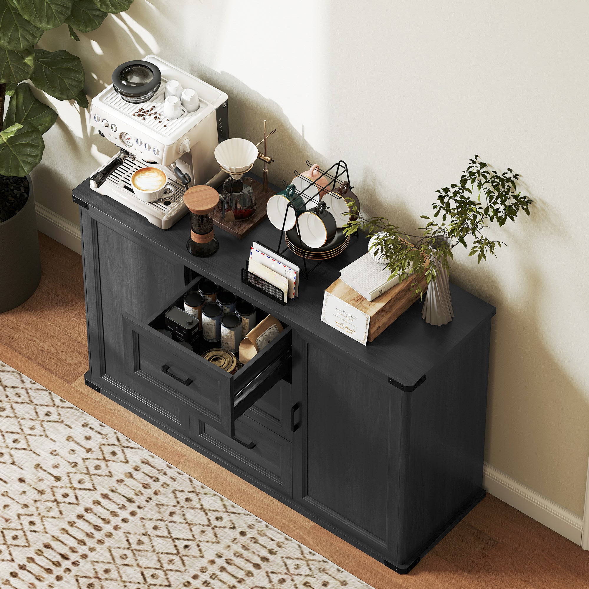Modern Sideboard Buffet Cabinet with 3 Drawers and 2 Doors, 47" Coffee Bar Cabinet with Adjustable Shelves for Kitchen, Black Wood Grain