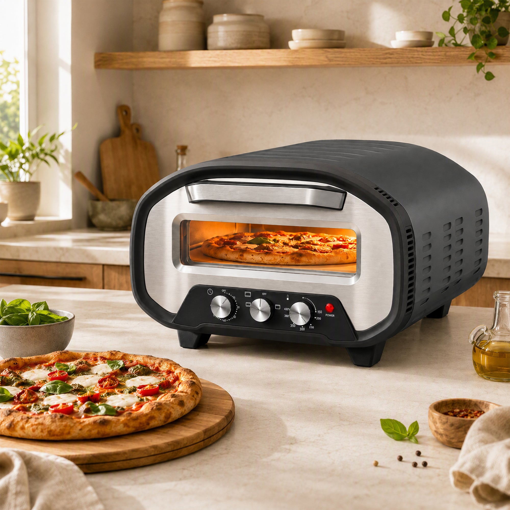 Pizza Oven Indoor, 12 Inch Electric Countertop Pizza Maker with 3 Knob Control, 430°C, 60-Min Timer, Ceramic Stone, Viewing Window, 2200W