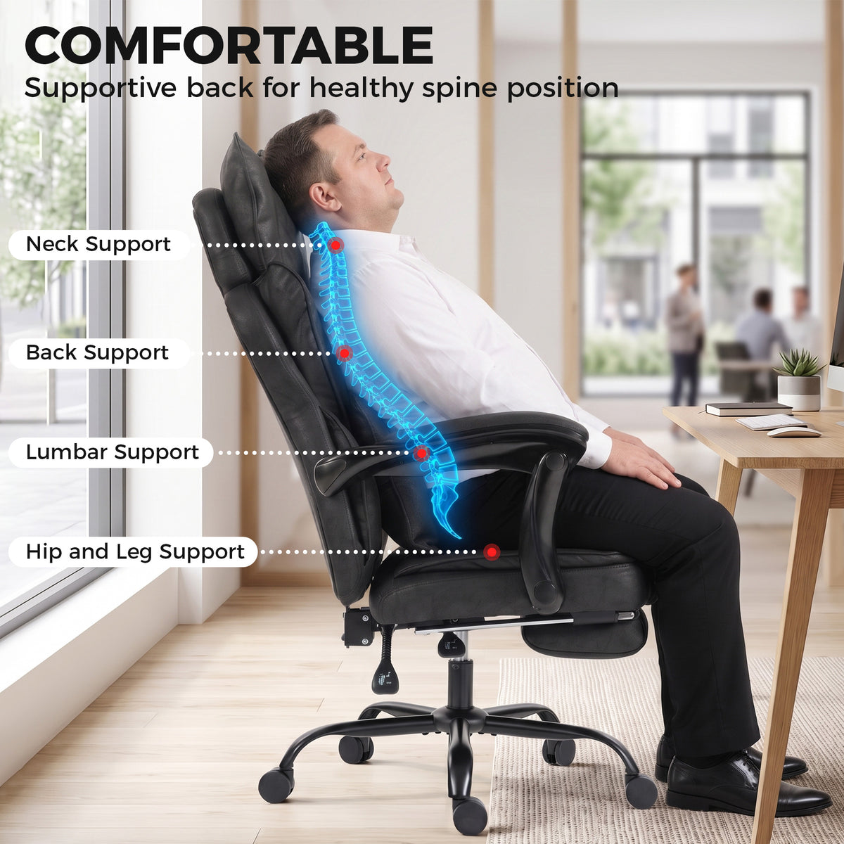 Executive Office Chair, 180kg Big and Tall Leathaire Desk Chair with Adjustable Headrest, Lumbar Support, Wide Seat, Reclining Back, Footrest, Swivel Wheels, Black