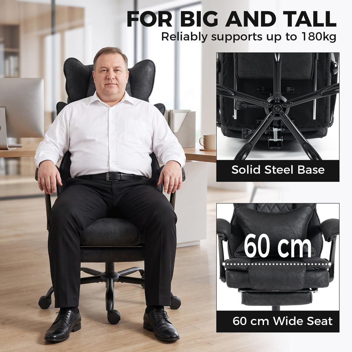 Executive Office Chair, 180kg Big and Tall Leathaire Desk Chair with Adjustable Headrest, Lumbar Support, Wide Seat, Reclining Back, Footrest, Swivel Wheels, Black